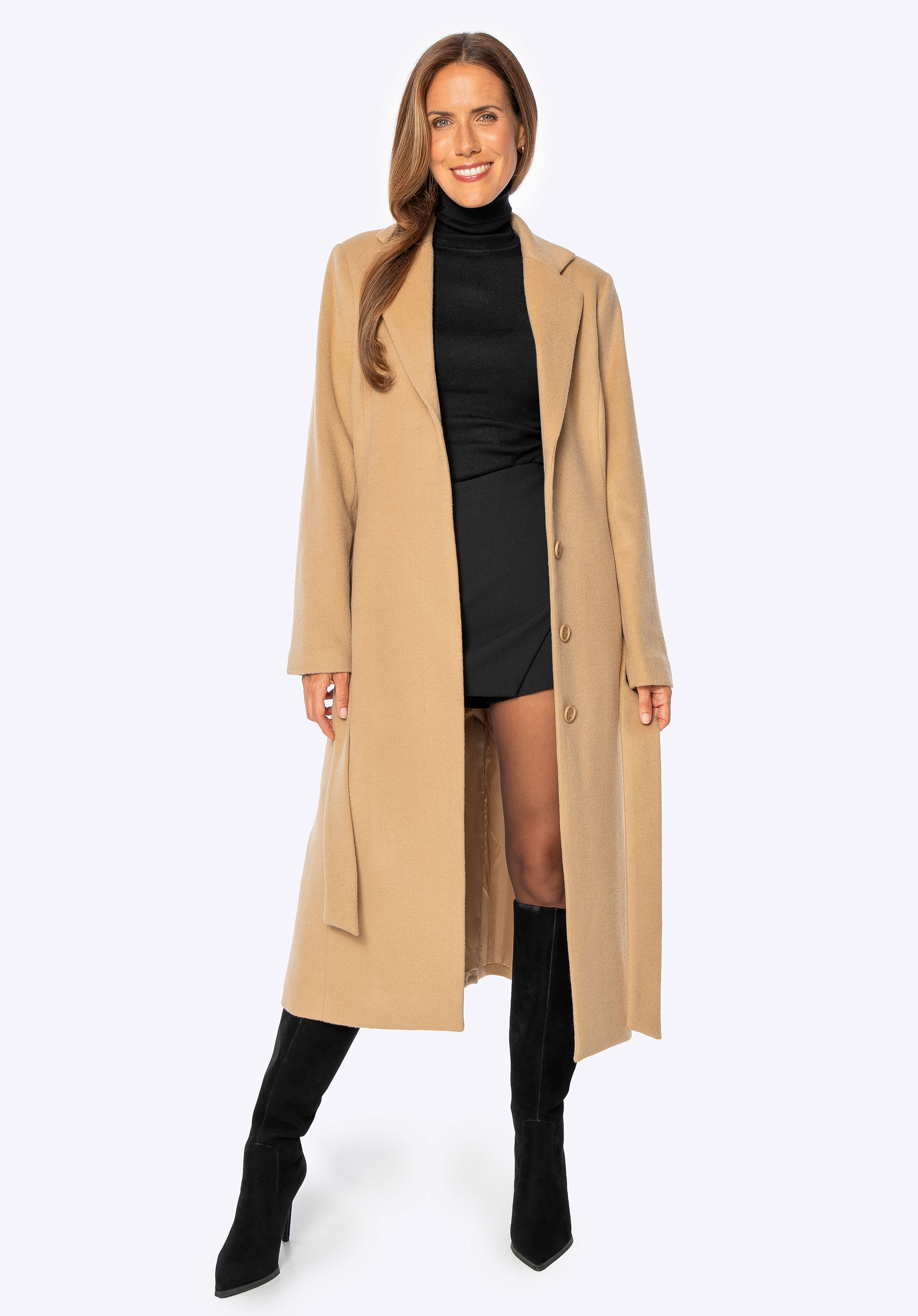 Kasmír keverékű gyapjú kabát, teve, 101-9W-700-0-XL, Fénykép 1