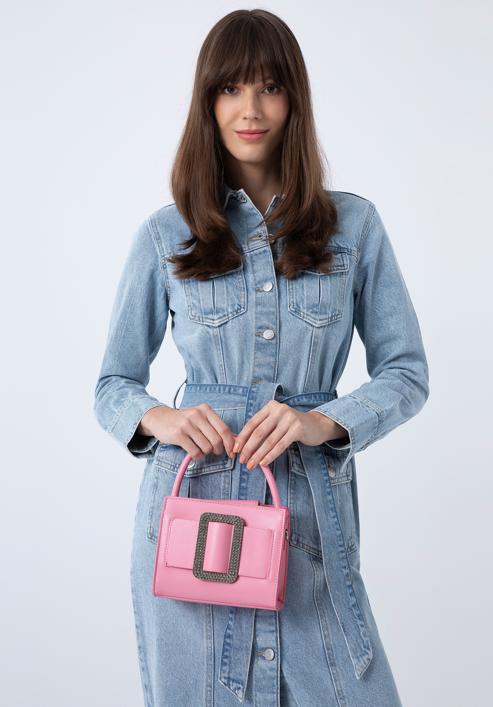 Női műbőr mini táska fényes csattal, világos rózsaszín, 97-4Y-756-1, Fénykép 15