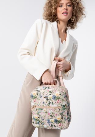 Női virágmintás műbőr kockás fazonú hátizsák, világos rózsaszín, 98-4Y-201-P, Fénykép 1