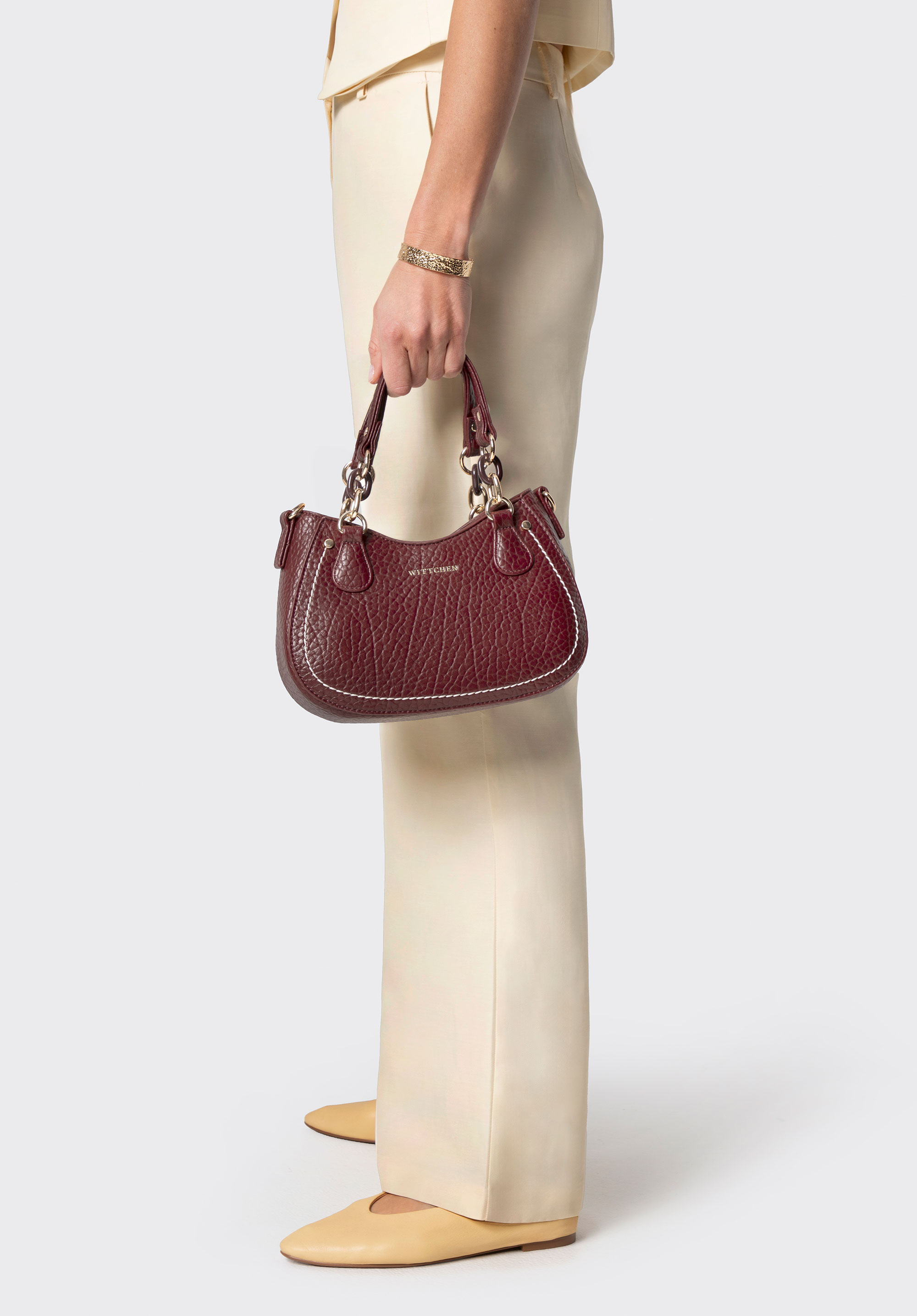 Bagetová kabelka z umělé kůže s kontrastním prošíváním, vínová, 101-4Y-709-3, Obrázek 1
