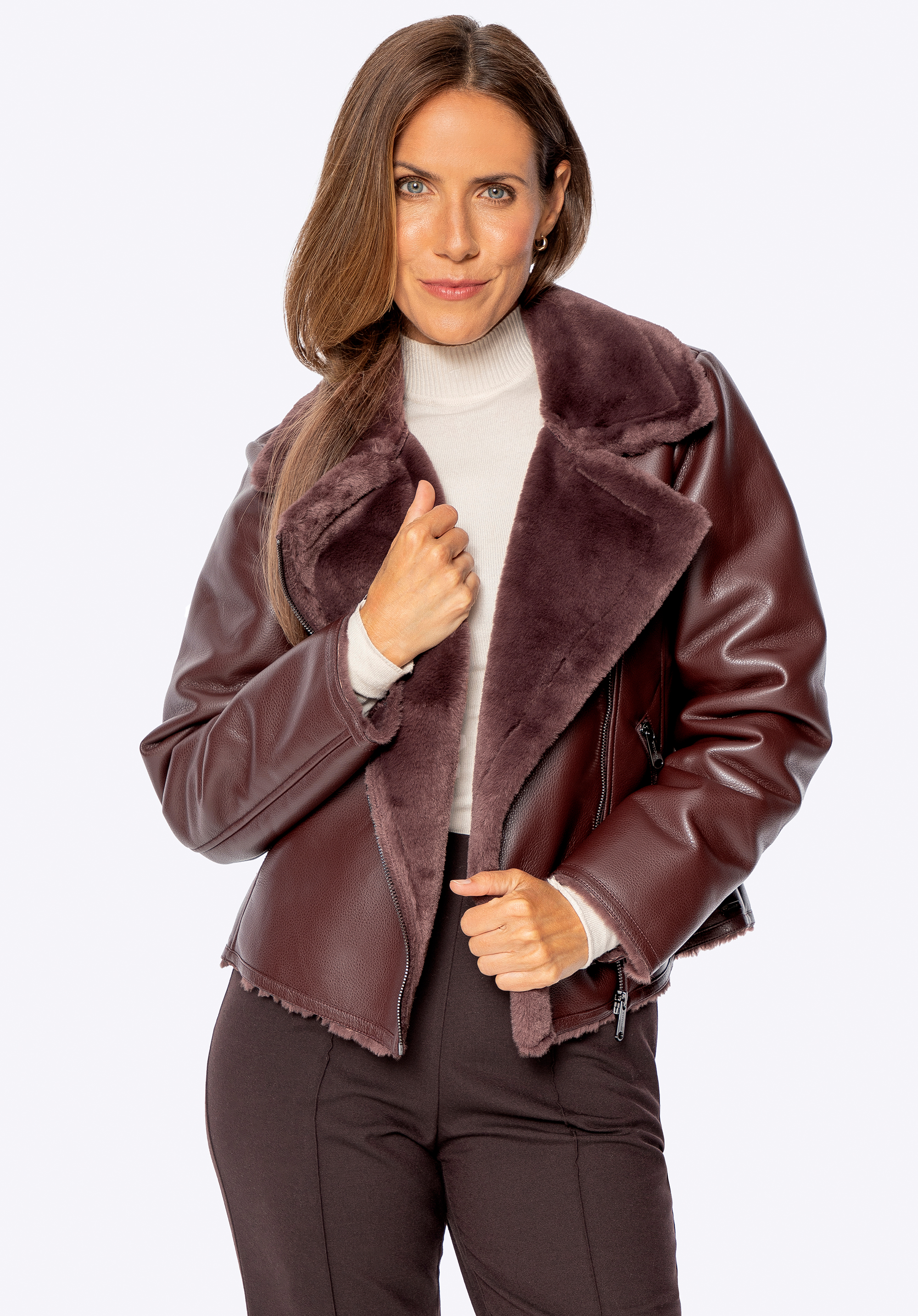 Dámská motorkářská bunda z umělé kůže s umělou kožešinou, vínová, 101-9P-103-3-XL, Obrázek 1