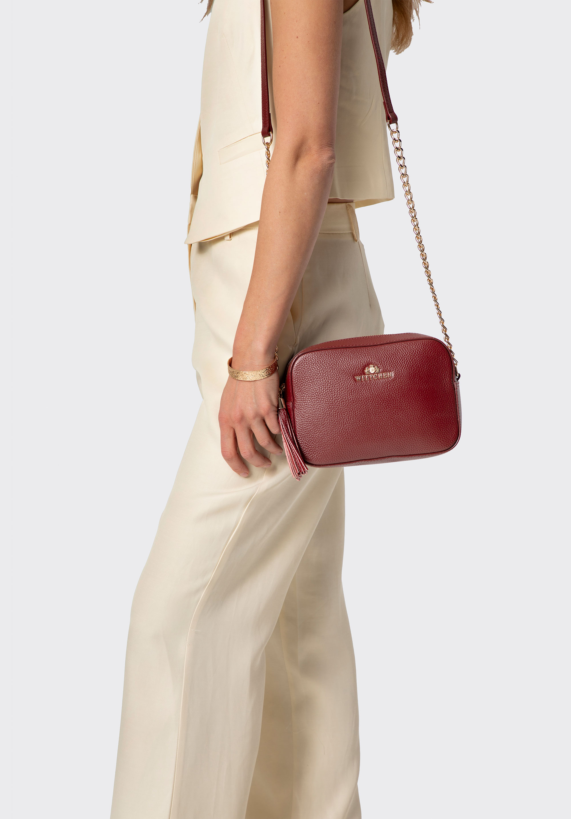 Dámská řetízková kožená crossbody kabelka, vínová, 29-4E-015-3, Obrázek 1