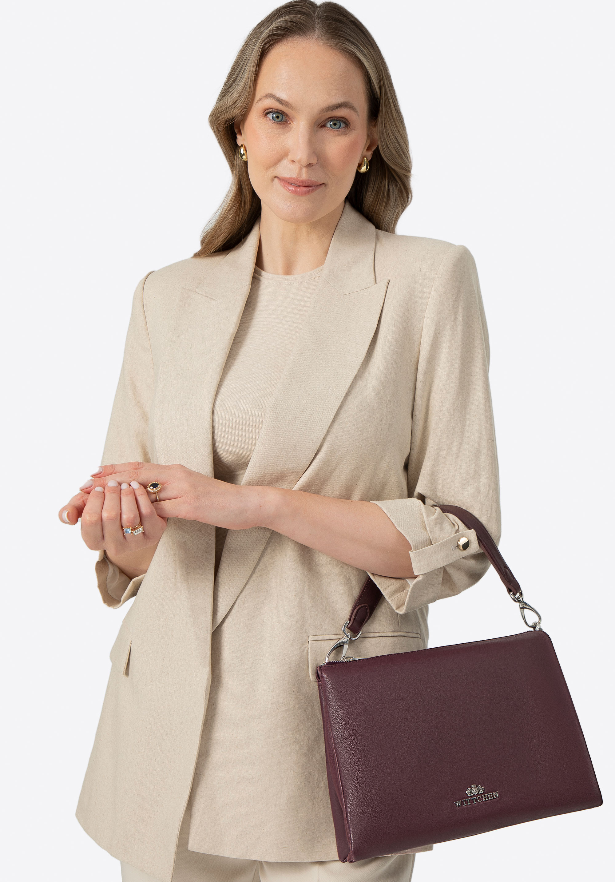 Dámská tříkomorová kožená crossbody kabelka, vínová, 100-4E-808-3, Obrázek 1