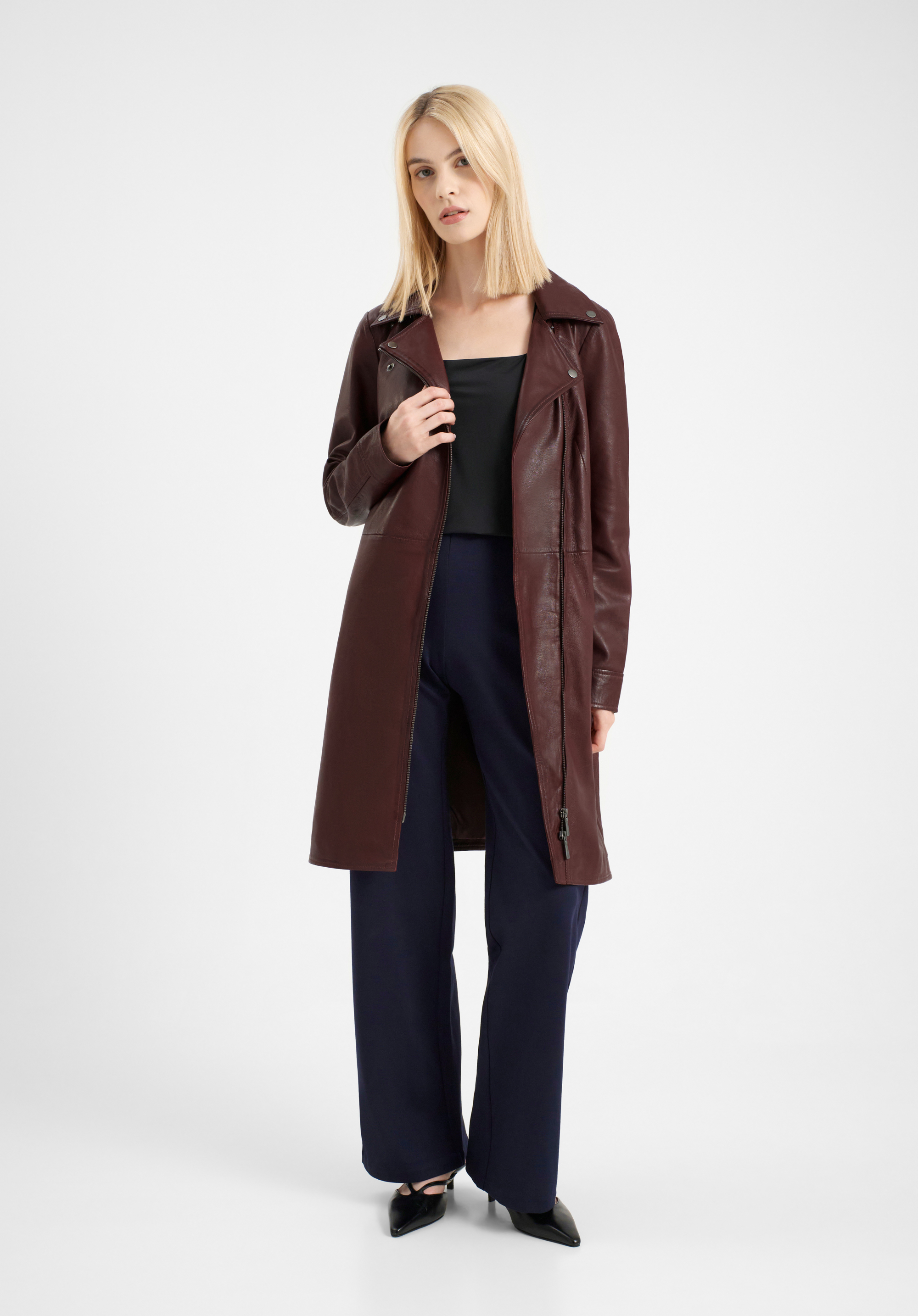 Dámský kožený kabát s páskem, vínová, 100-09-408-3-L, Obrázek 1