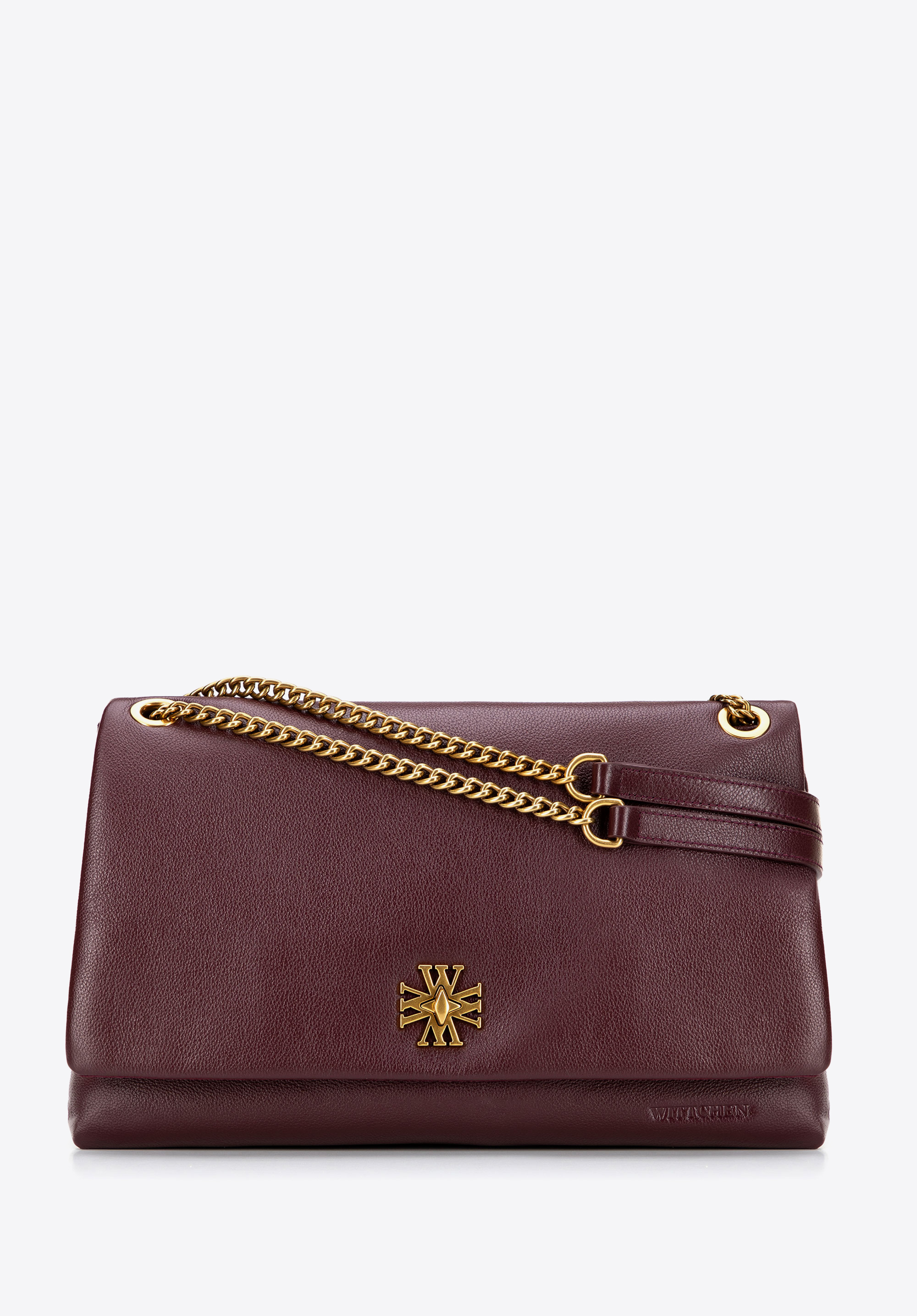 Kožená crossody kabelka s řetízkovým popruhem přes rameno, vínová, 101-4E-605-3, Obrázek 1