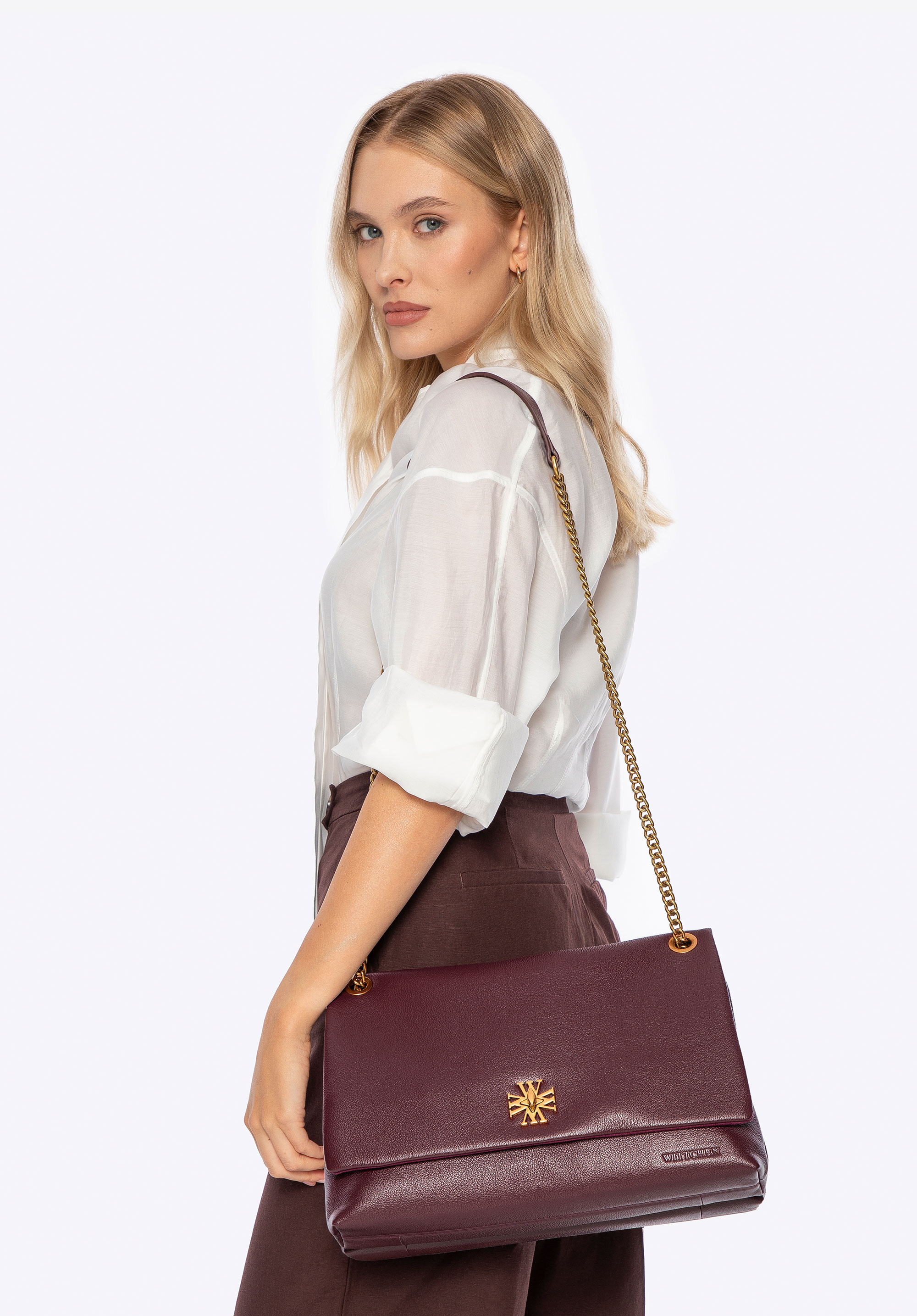 Kožená crossody kabelka s řetízkovým popruhem přes rameno, vínová, 101-4E-605-3, Obrázek 1