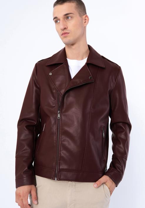 Jachetă bărbătească din piele artificială de motociclist, vișiniu, 97-9P-154-3-M, Fotografie 1