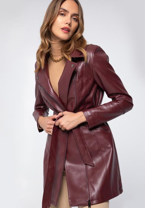 Jachetă din piele artificială pentru femei cu curea, vișiniu, 97-9P-101-1S-M, Fotografie 2