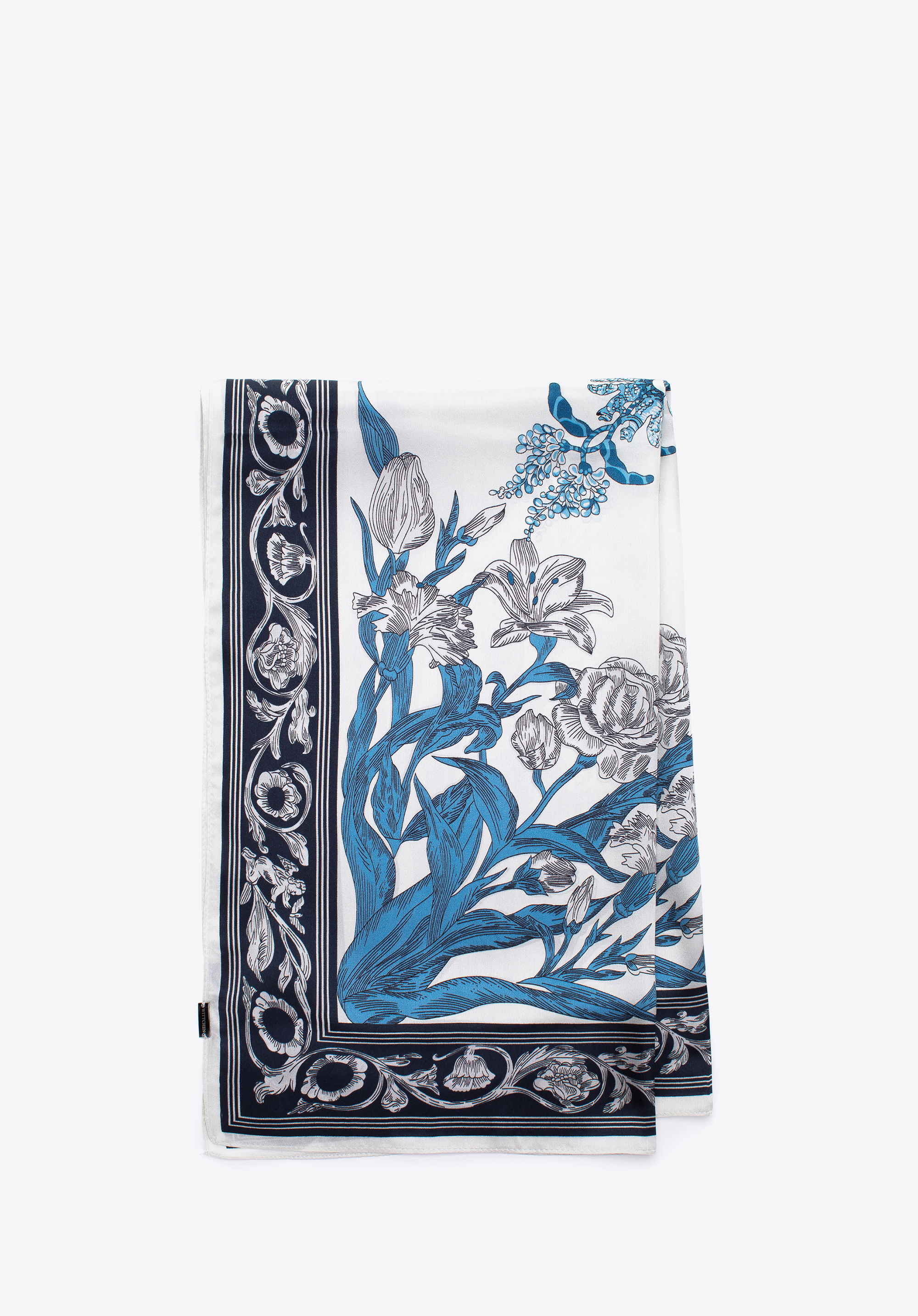 Gemusterter Seidenschal für Damen, weiß-blau, 97-7D-S05-X1, Bild 1