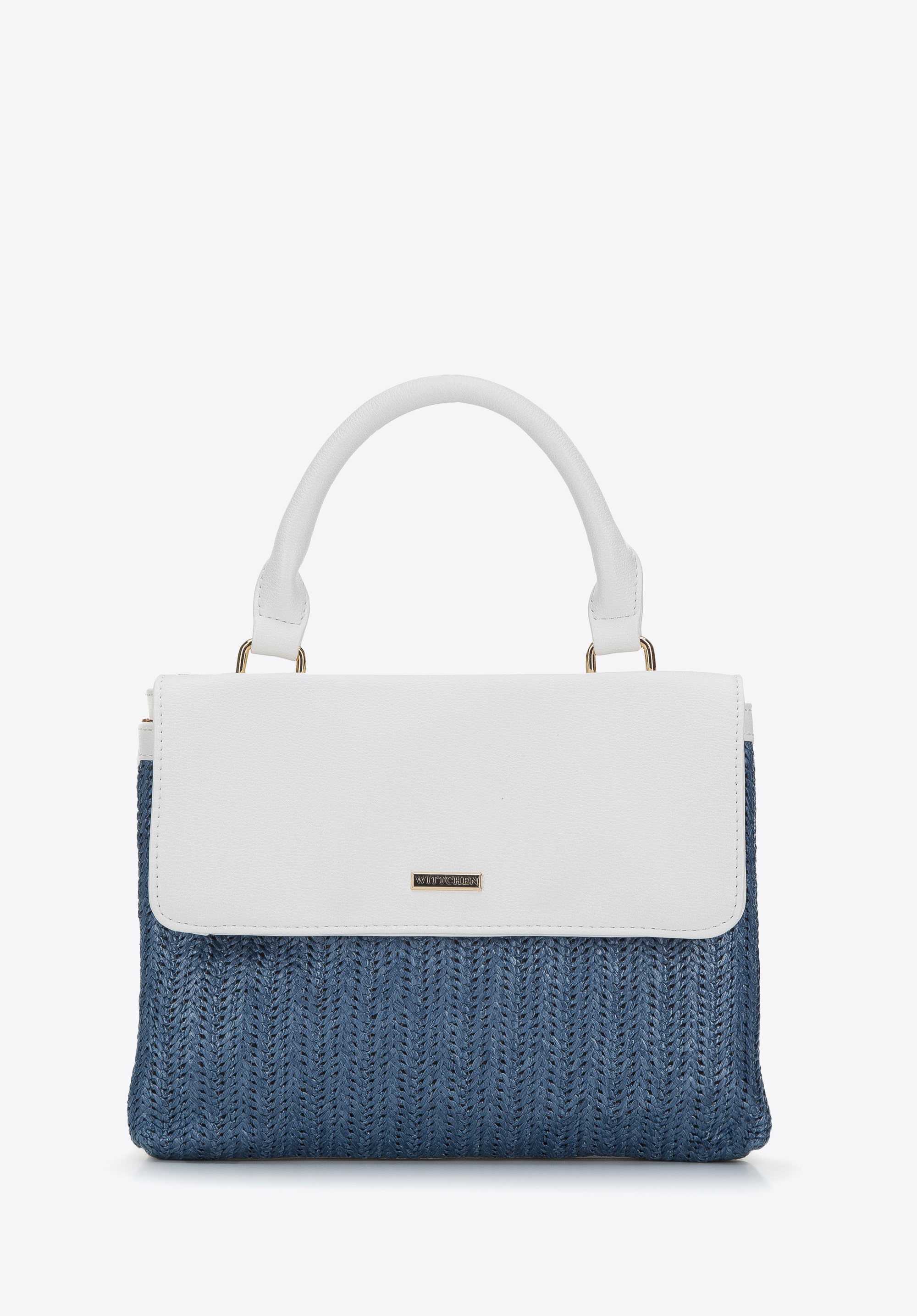 Handtasche mit Geflechtmuster und Klappe aus Ökoleder, weiß-blau, 94-4Y-215-N, Bild 1