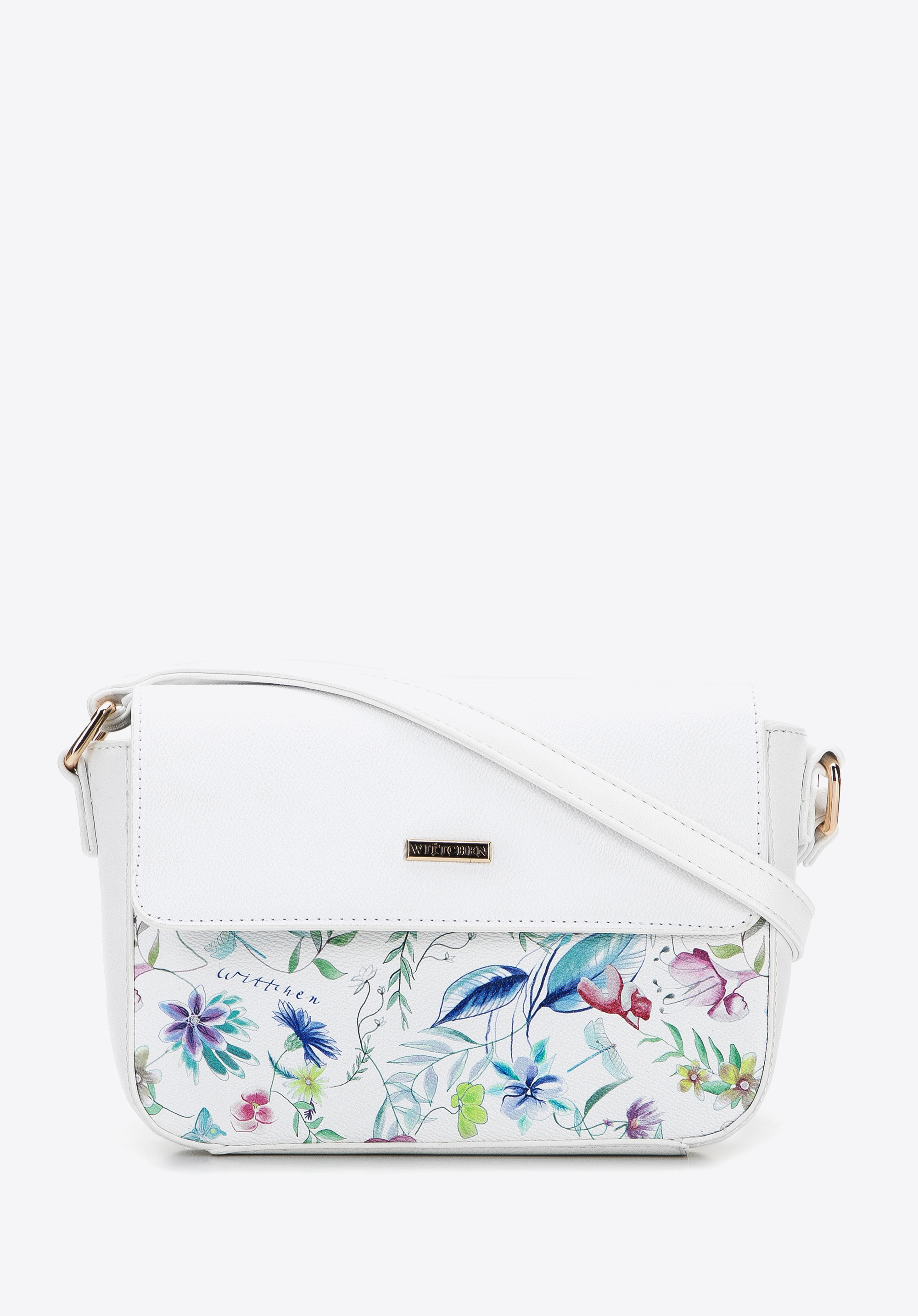 Kleine Umhängetasche für Damen aus Öko-Leder mit Blumenmuster, weiß, 96-4Y-203-0, Bild 1