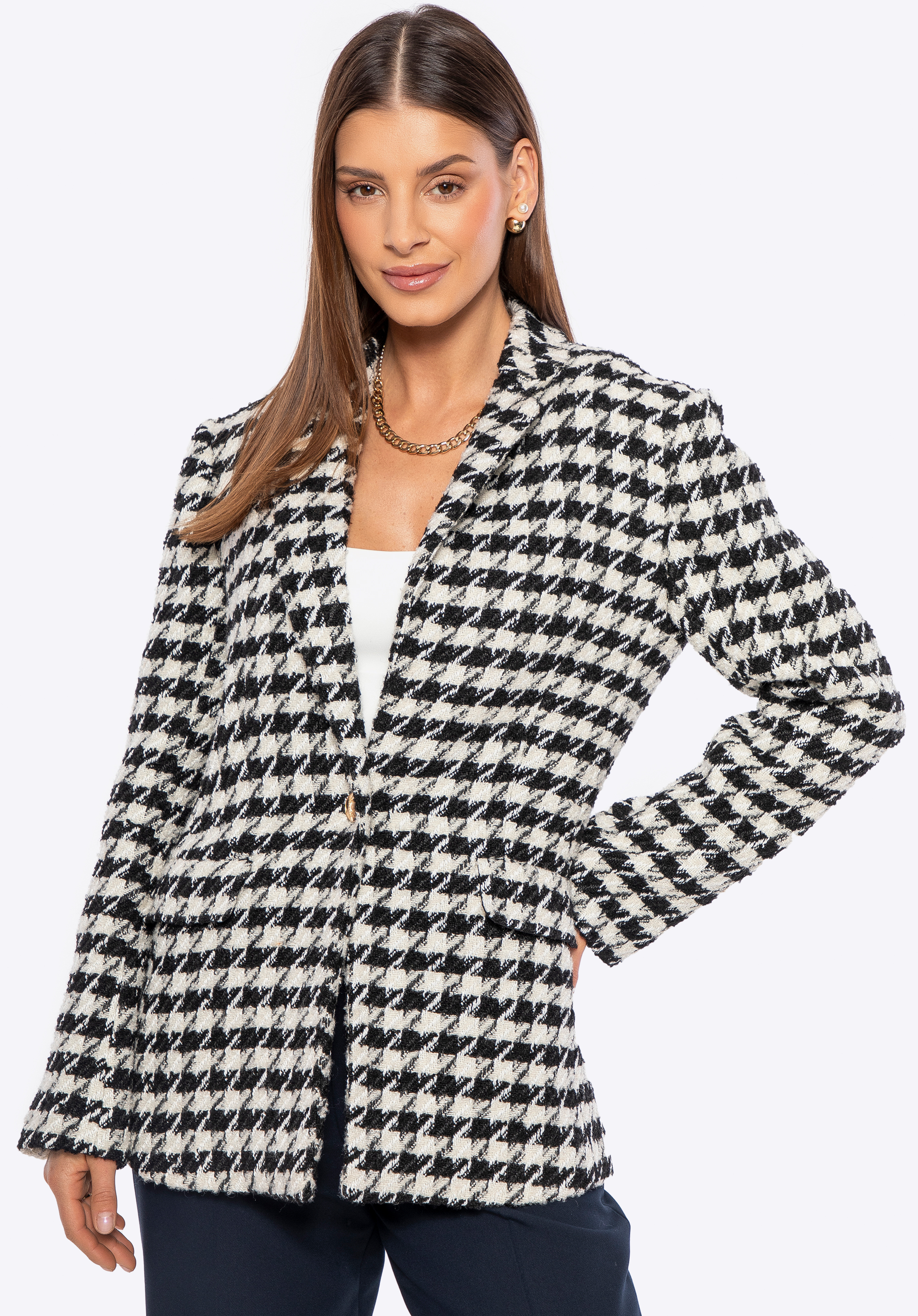 Damenblazer aus Wollmischung, weiß-schwarz, 100-9X-503-01-S, Bild 1