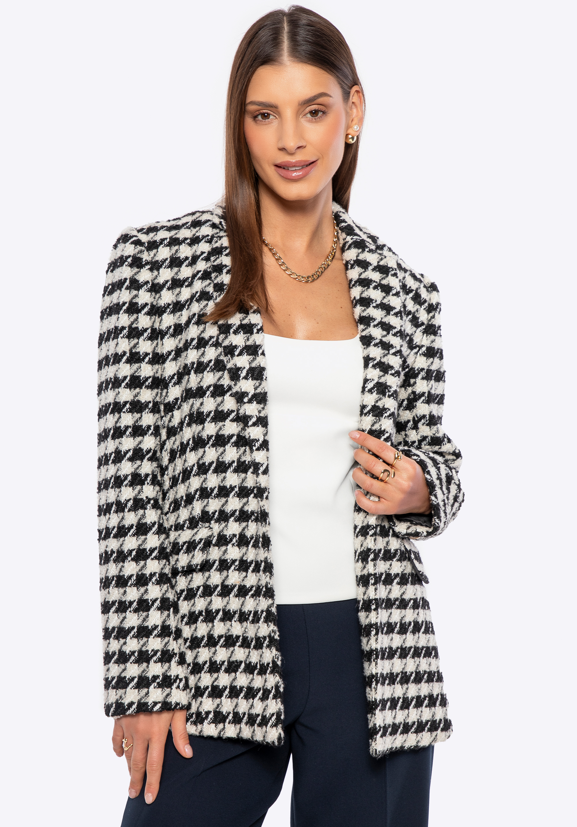 Damenblazer aus Wollmischung, weiß-schwarz, 100-9X-503-01-S, Bild 1