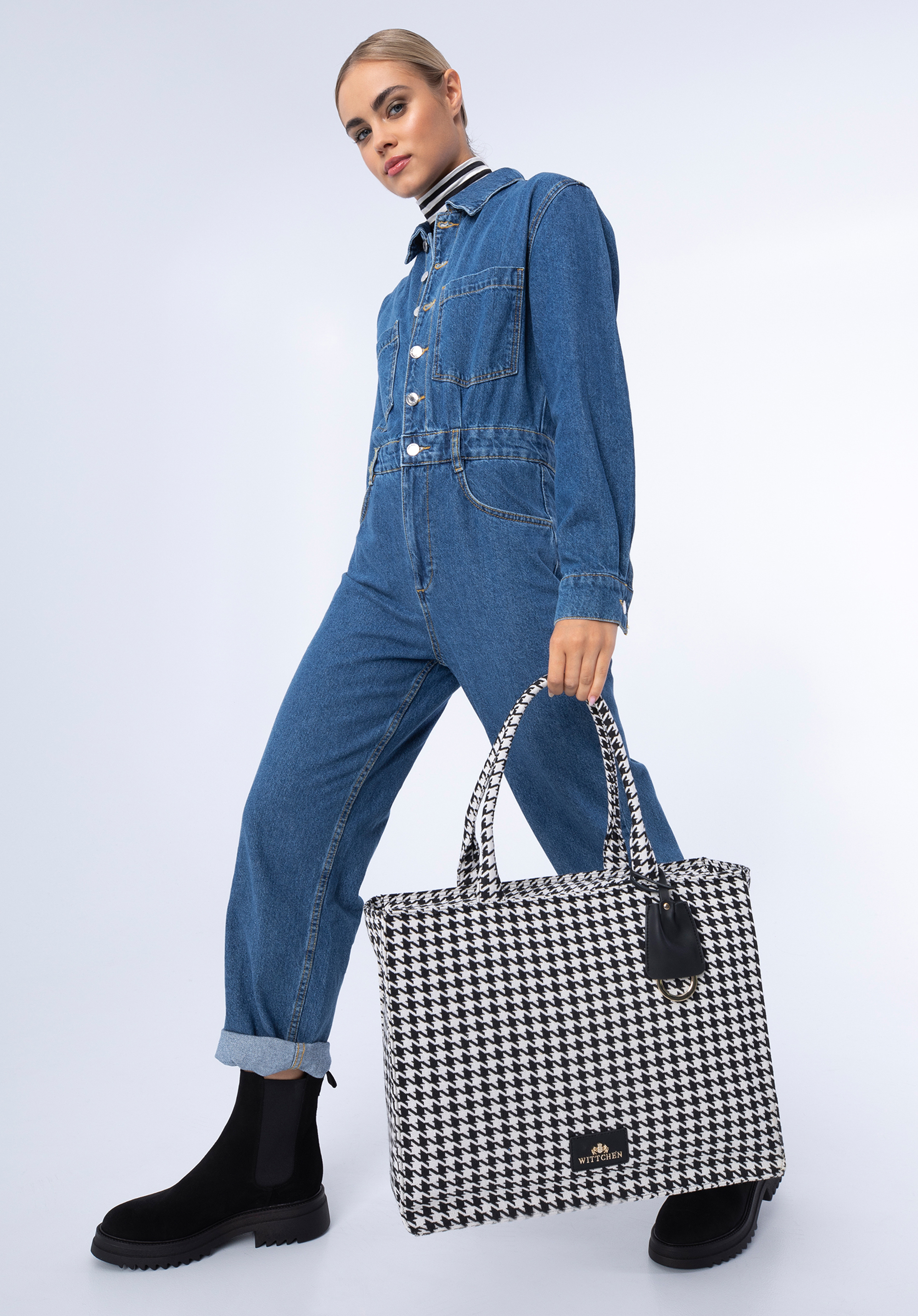 Große Shopper-Tasche mit Muster, weiß-schwarz, 97-4E-502-X3, Bild 1