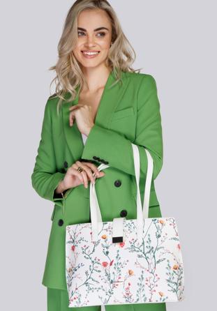 Shopper-Tasche aus Ökoleder mit Blumenmuster, weiß, 94-4Y-635-0, Bild 1