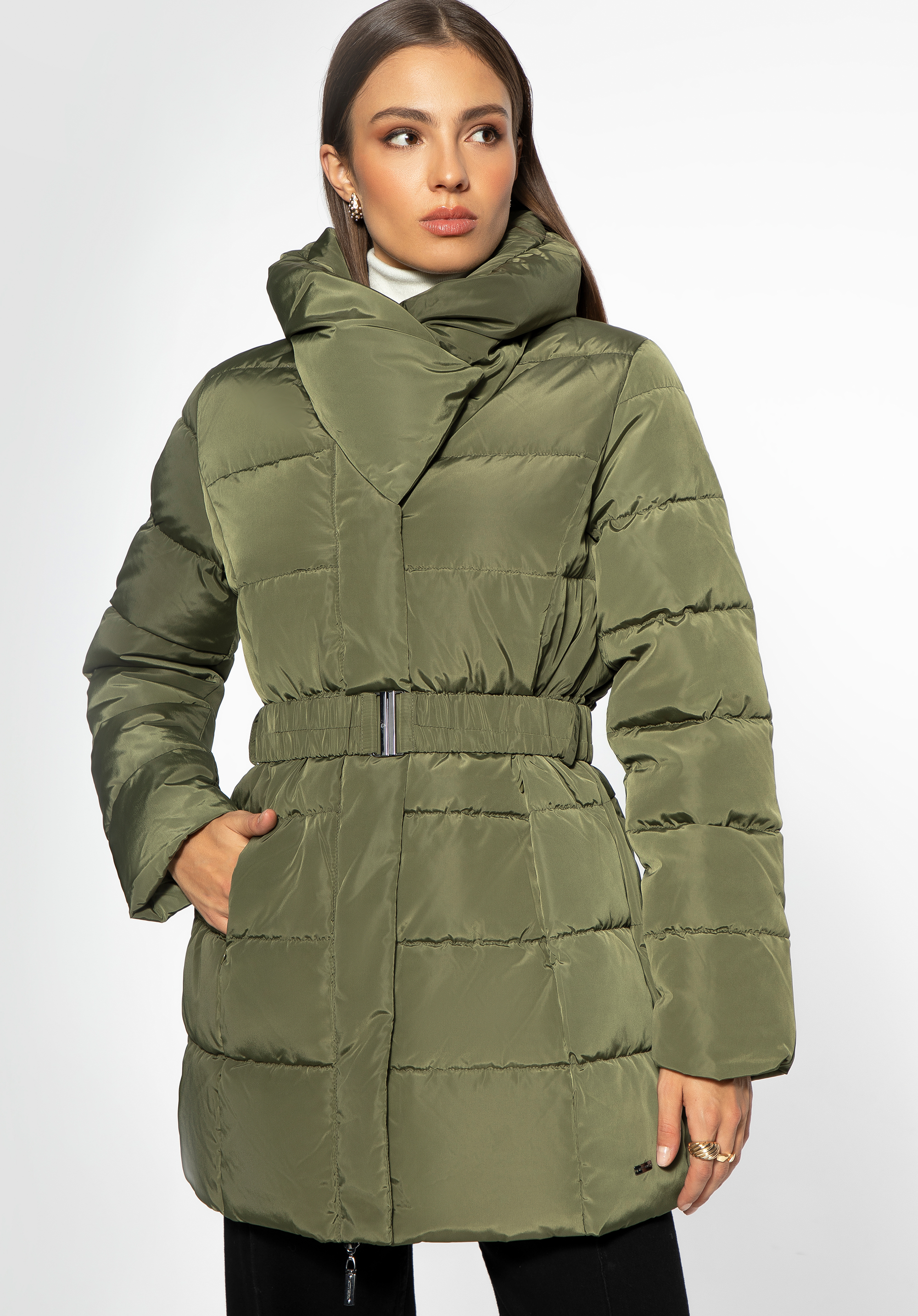 Dámská bunda s páskem a vysokým límcem, zelená, 97-9D-400-Z-2XL, Obrázek 1