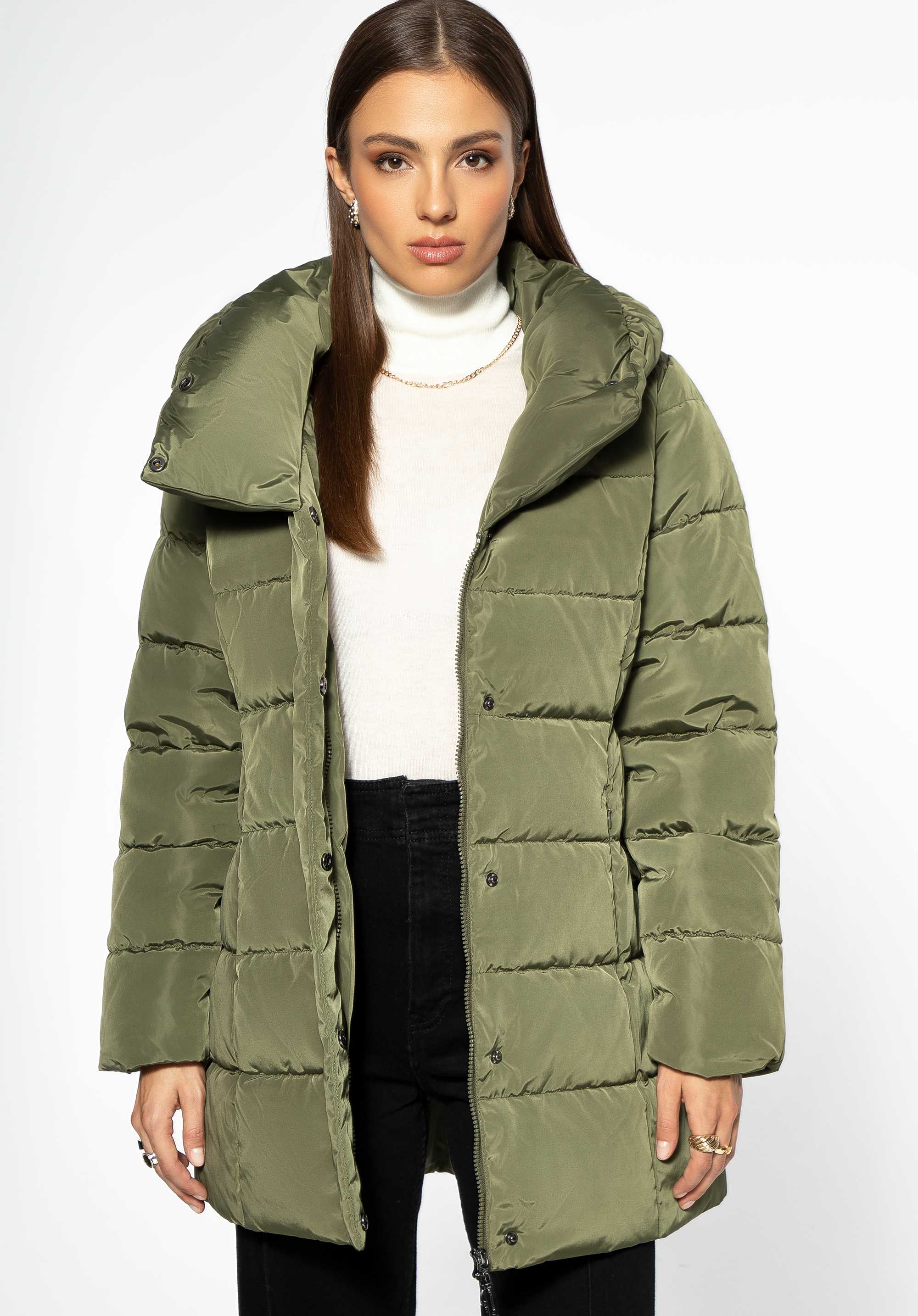 Dámská bunda s páskem a vysokým límcem, zelená, 97-9D-400-Z-2XL, Obrázek 1