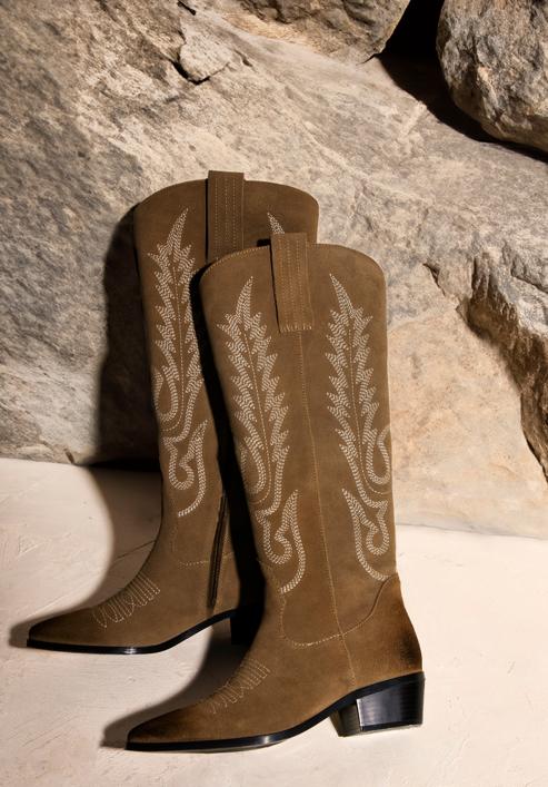 Dámské semišové kovbojské boty vysokého střihu s výšivkou, zelená, 97-D-852-Z-39, Obrázek 30