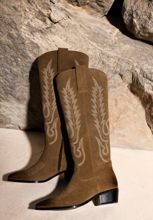 Dámské semišové kovbojské boty vysokého střihu s výšivkou, zelená, 97-D-852-Z-38, Obrázek 1