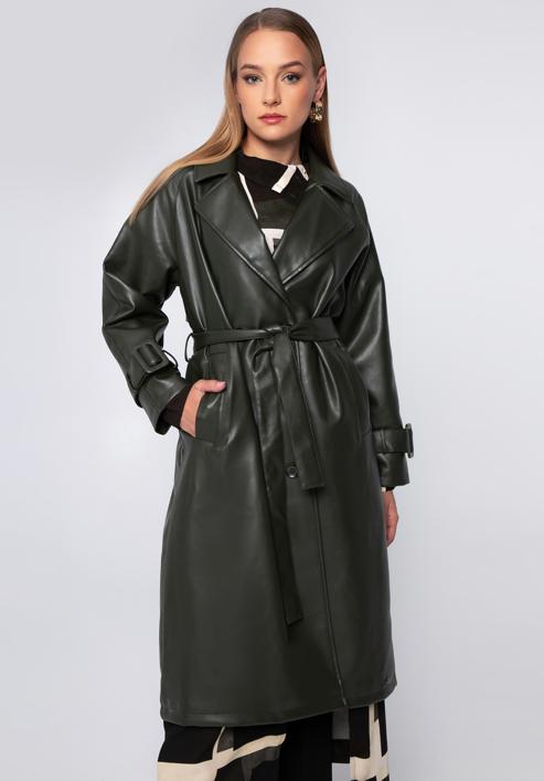 Dámský dvouřadý kabát z ekologické kůže s páskem, zelená, 97-9P-100-1-L, Obrázek 1