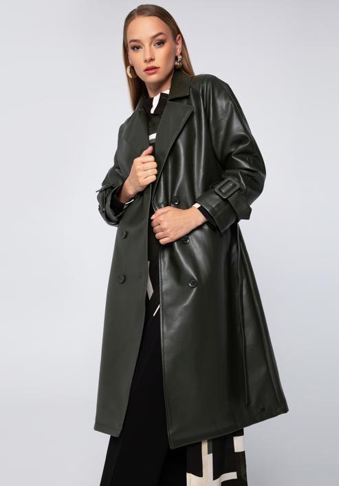 Dámský dvouřadý kabát z ekologické kůže s páskem, zelená, 97-9P-100-Z-L, Obrázek 2