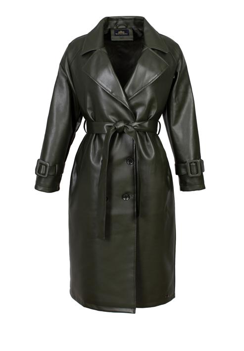 Dámský dvouřadý kabát z ekologické kůže s páskem, zelená, 97-9P-100-Z-2XL, Obrázek 20