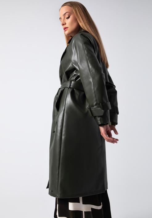Dámský dvouřadý kabát z ekologické kůže s páskem, zelená, 97-9P-100-5-XL, Obrázek 3