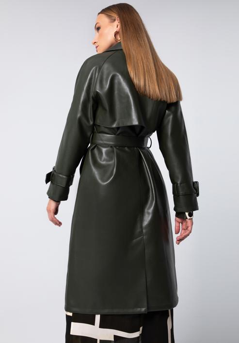 Dámský dvouřadý kabát z ekologické kůže s páskem, zelená, 97-9P-100-5-S, Obrázek 4