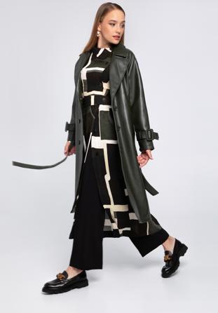 Dámský dvouřadý kabát z ekologické kůže s páskem, zelená, 97-9P-100-Z-L, Obrázek 1