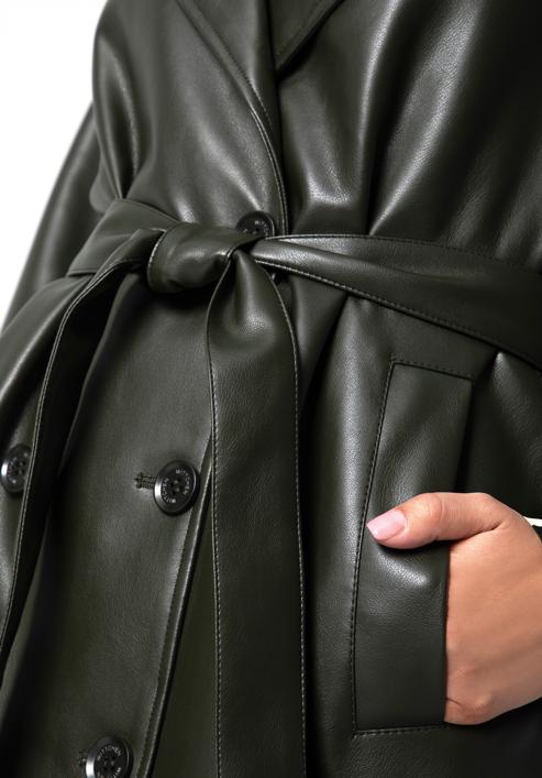 Dámský dvouřadý kabát z ekologické kůže s páskem, zelená, 97-9P-100-Z-2XL, Obrázek 9