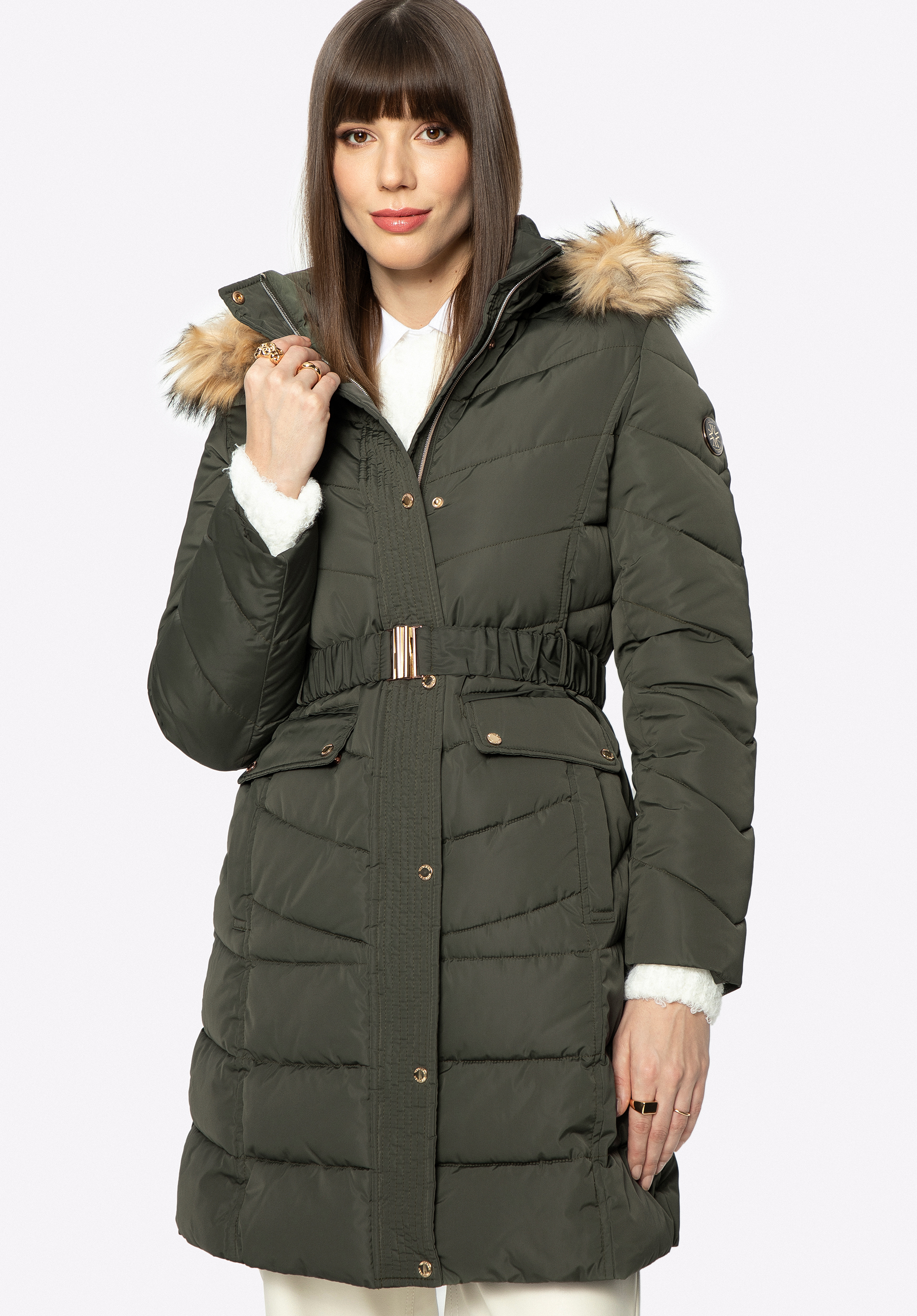 Dámská prošívaná bunda s páskem, zelená, 97-9D-900-Z-2XL, Obrázek 1