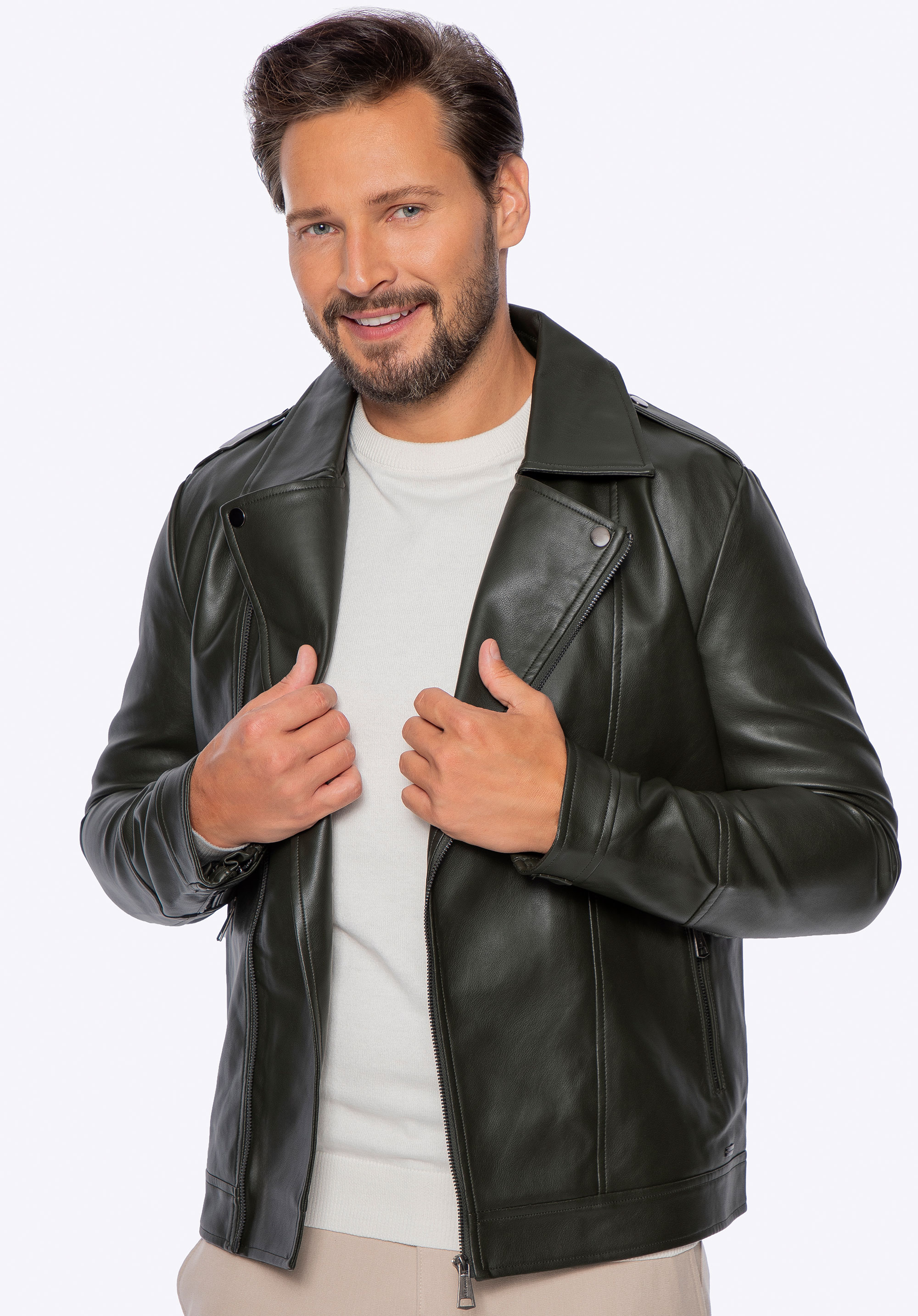 Чоловіча косуха з екошкіри з погонами, зелений, 97-9P-154-Z-M, Фото 1