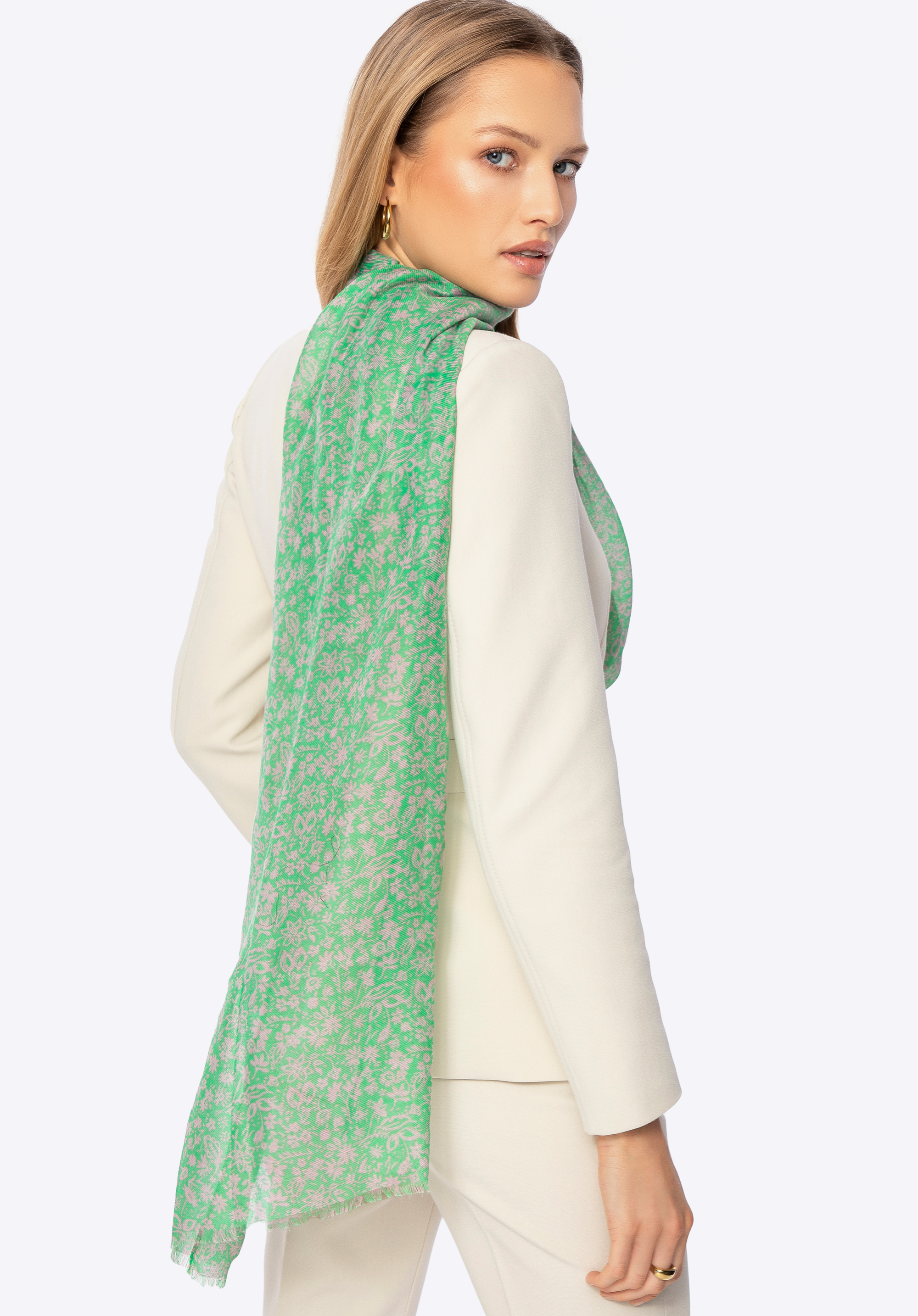 Жіночий шарф з малюнком, зелено-бежевий, 100-7D-00X-X6, Фото 1