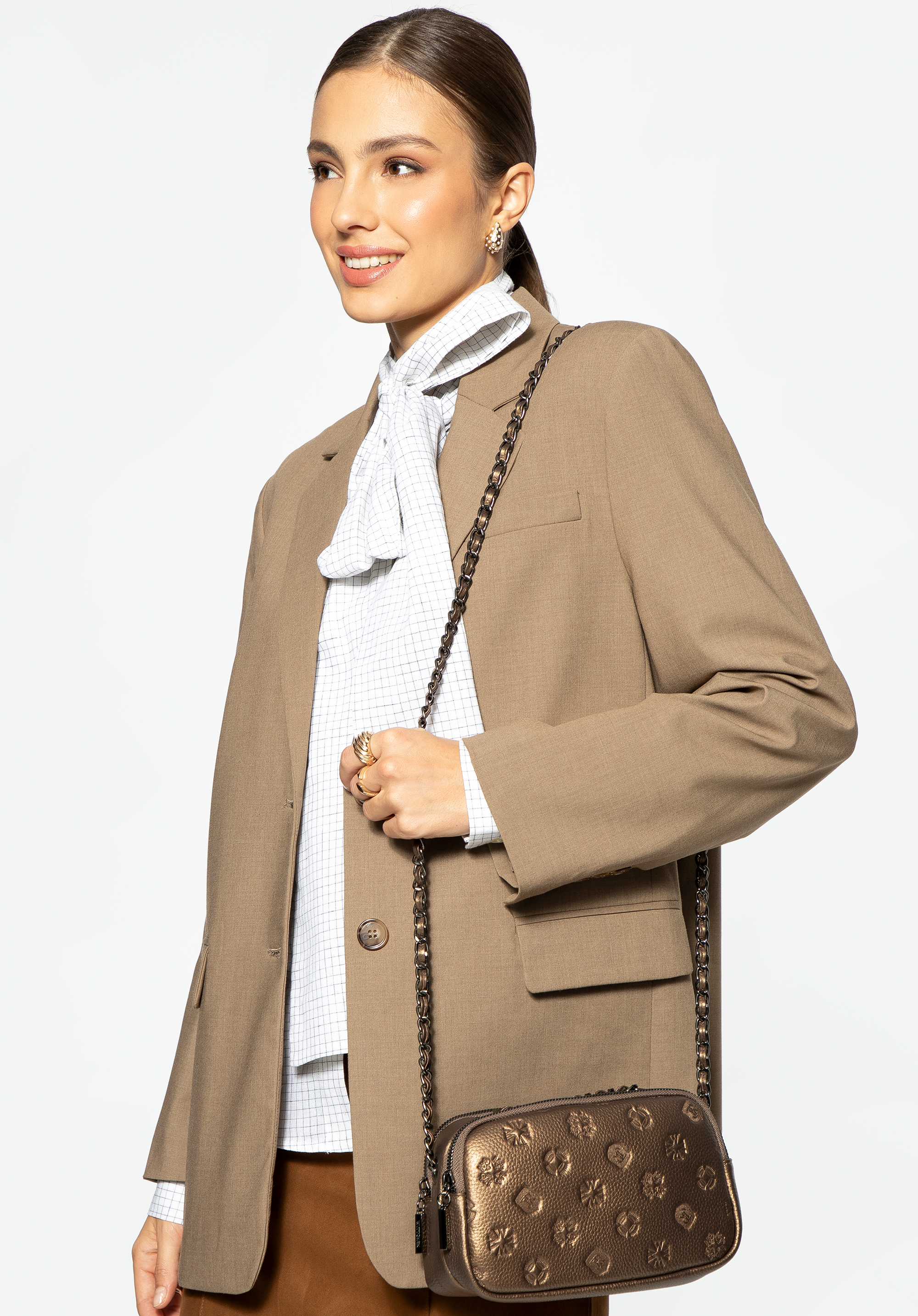 Dámská kožená crossbody kabelka s řetízkovým popruhem přes rameno, zlatá, 99-4E-305-G, Obrázek 1