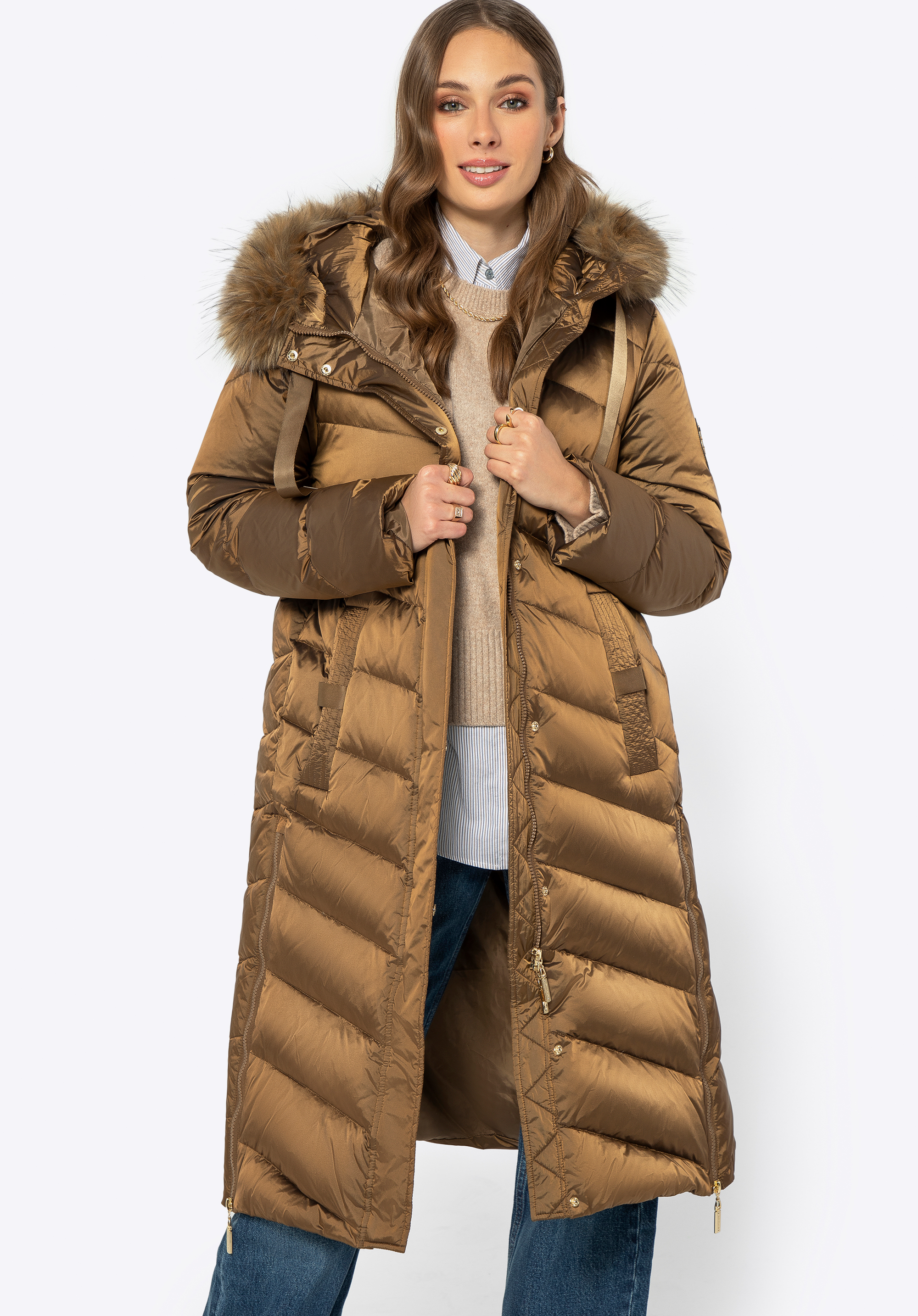 Dámský prošívaný péřový kabát z nylonu, zlatá, 99-9D-402-G-XL, Obrázek 1