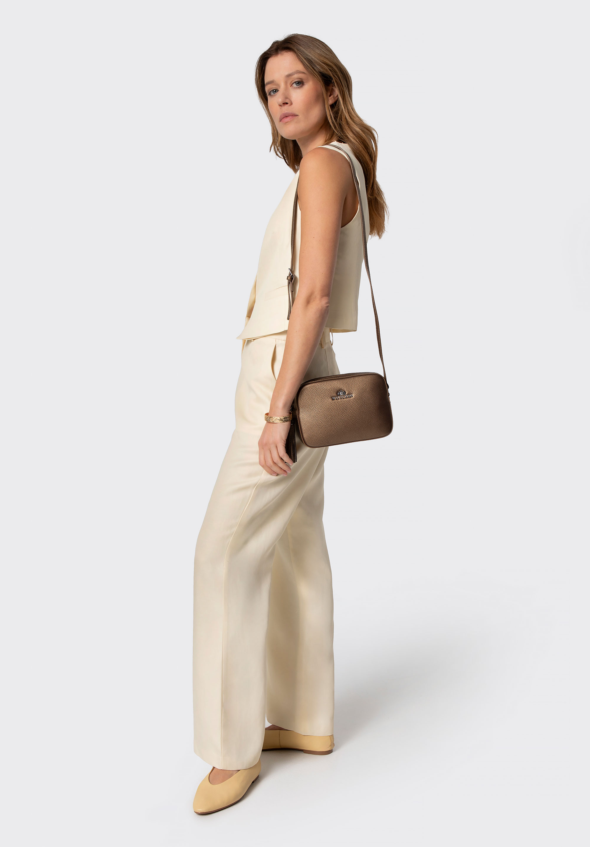 Kožená crossbody kabelka ve tvaru krabice, zlatá, 29-4E-014-G, Obrázek 1
