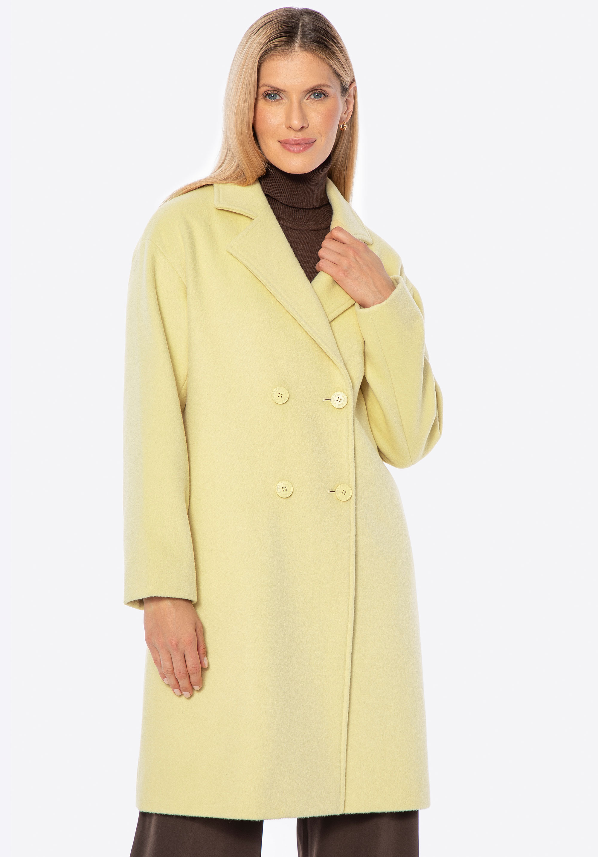 Dámsky dvojradový kabát zo zmesi vlny, žltá, 101-9W-504-Y-XL, Obrázok 1