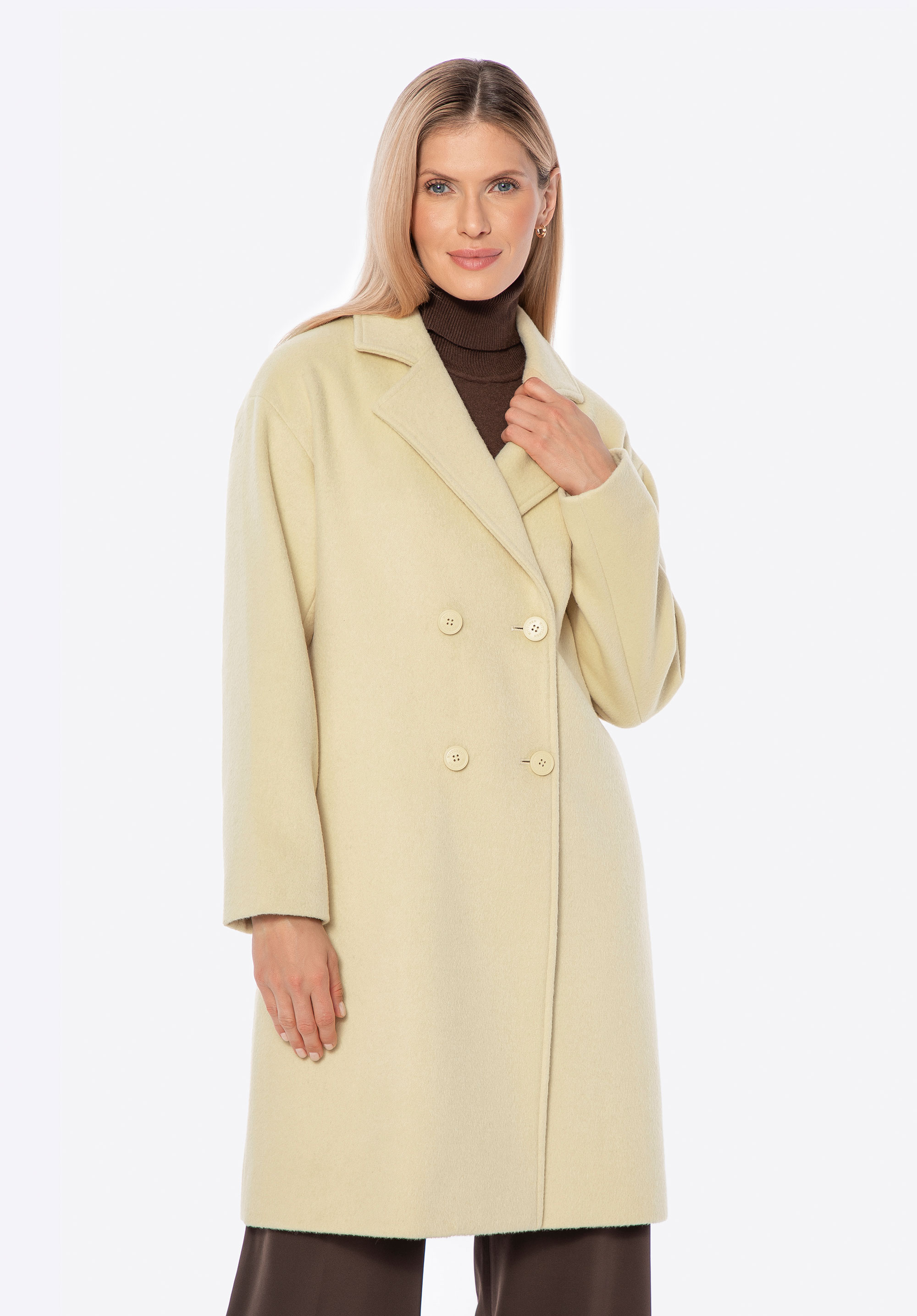 Dámský dvouřadý kabát ze směsi vlny, žlutá, 101-9W-504-Y-XL, Obrázek 1