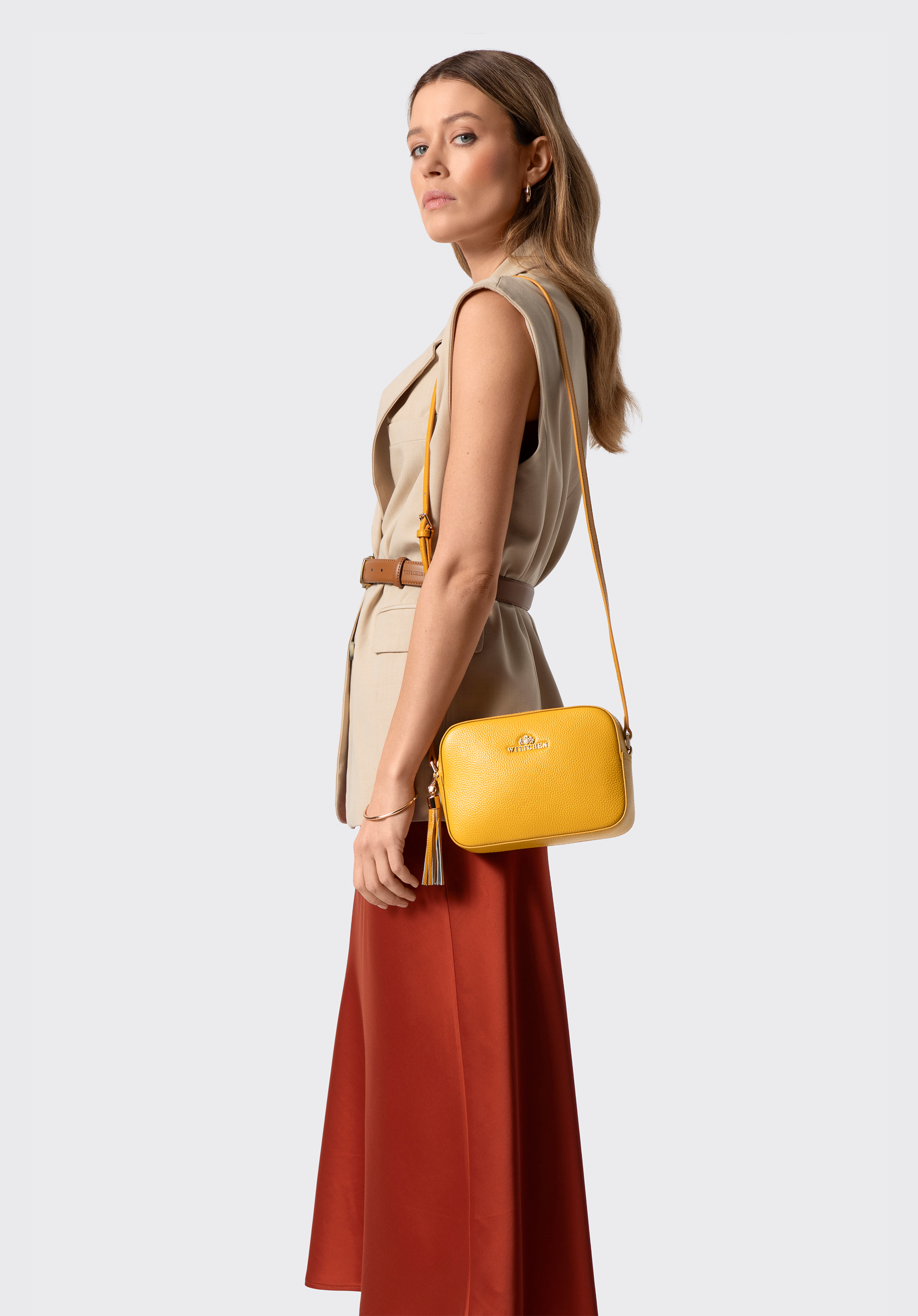 Kožená crossbody kabelka ve tvaru krabice, žlutá, 29-4E-014-Y, Obrázek 1