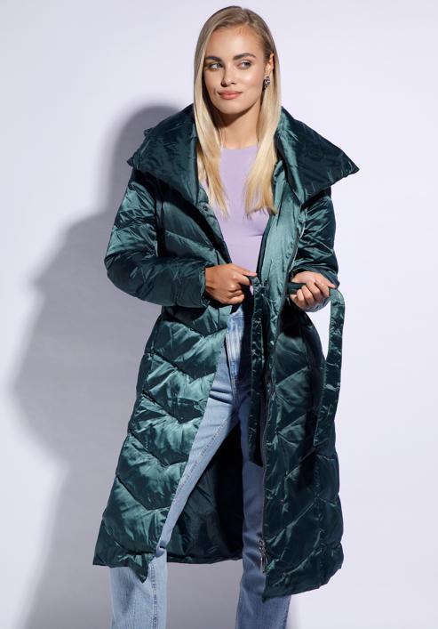 Hosszú női steppelt kabát kapucnival, zöld, 95-9D-401-N-XS, Fénykép 1