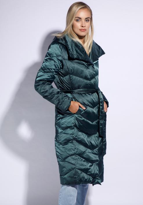 Hosszú női steppelt kabát kapucnival, zöld, 95-9D-401-Z-M, Fénykép 2