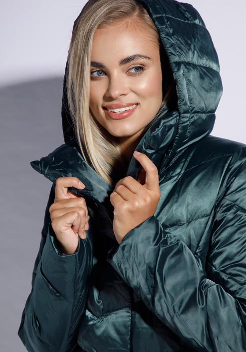 Hosszú női steppelt kabát kapucnival, zöld, 95-9D-401-1-M, Fénykép 4