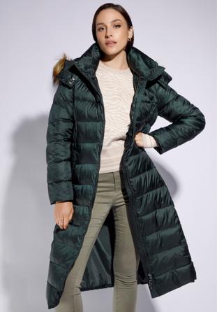 Női steppelt téli kabát szőrmés kapucnival, zöld, 95-9D-400-Z-S, Fénykép 1