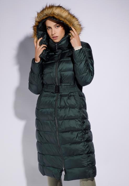 Női steppelt téli kabát szőrmés kapucnival, zöld, 95-9D-400-1-3XL, Fénykép 3