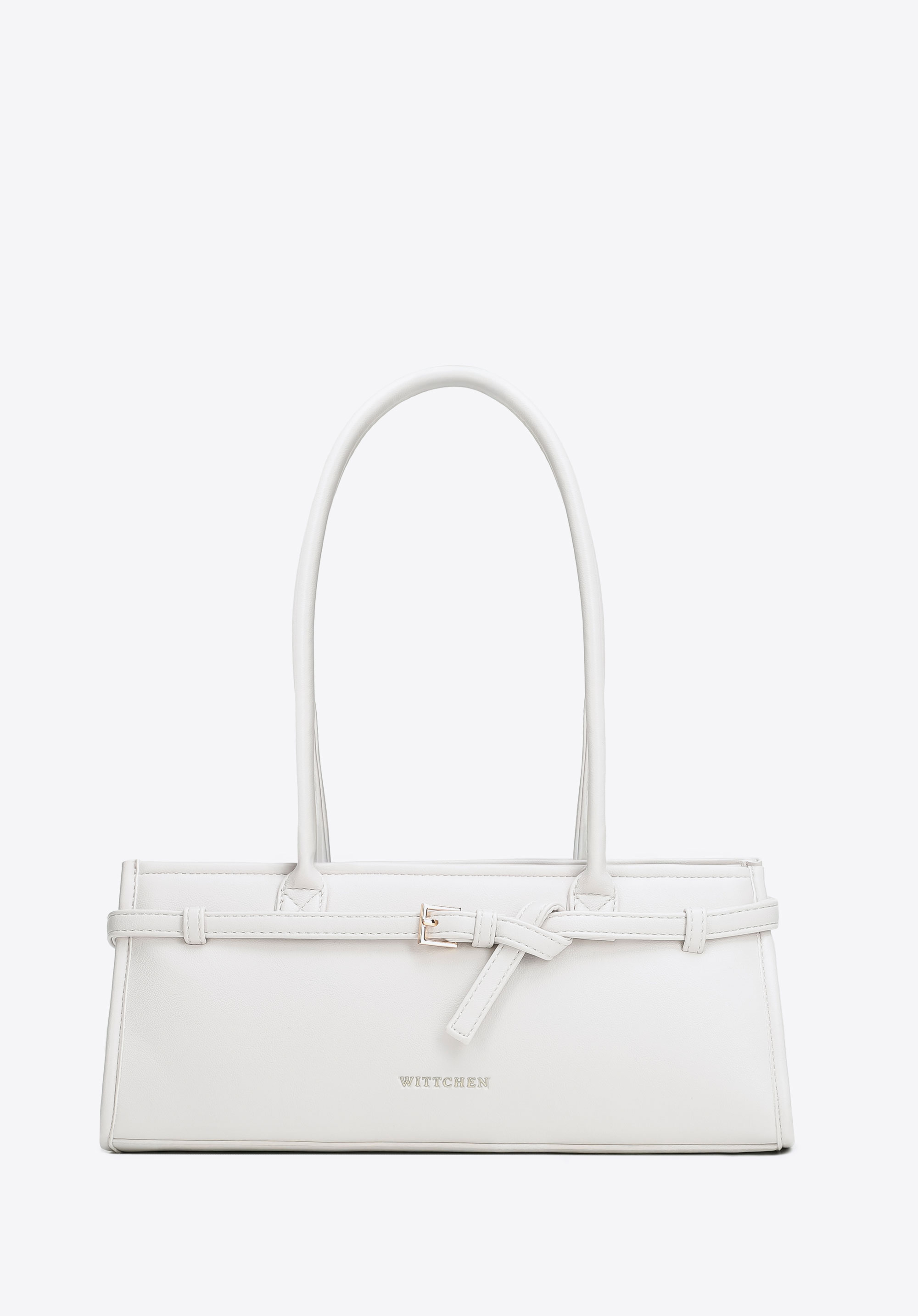 Torebka damska typu bagietka z ekoskóry z dekoracyjnym paskiem, złamany biały, 102-4Y-414-0, Zdjęcie 1