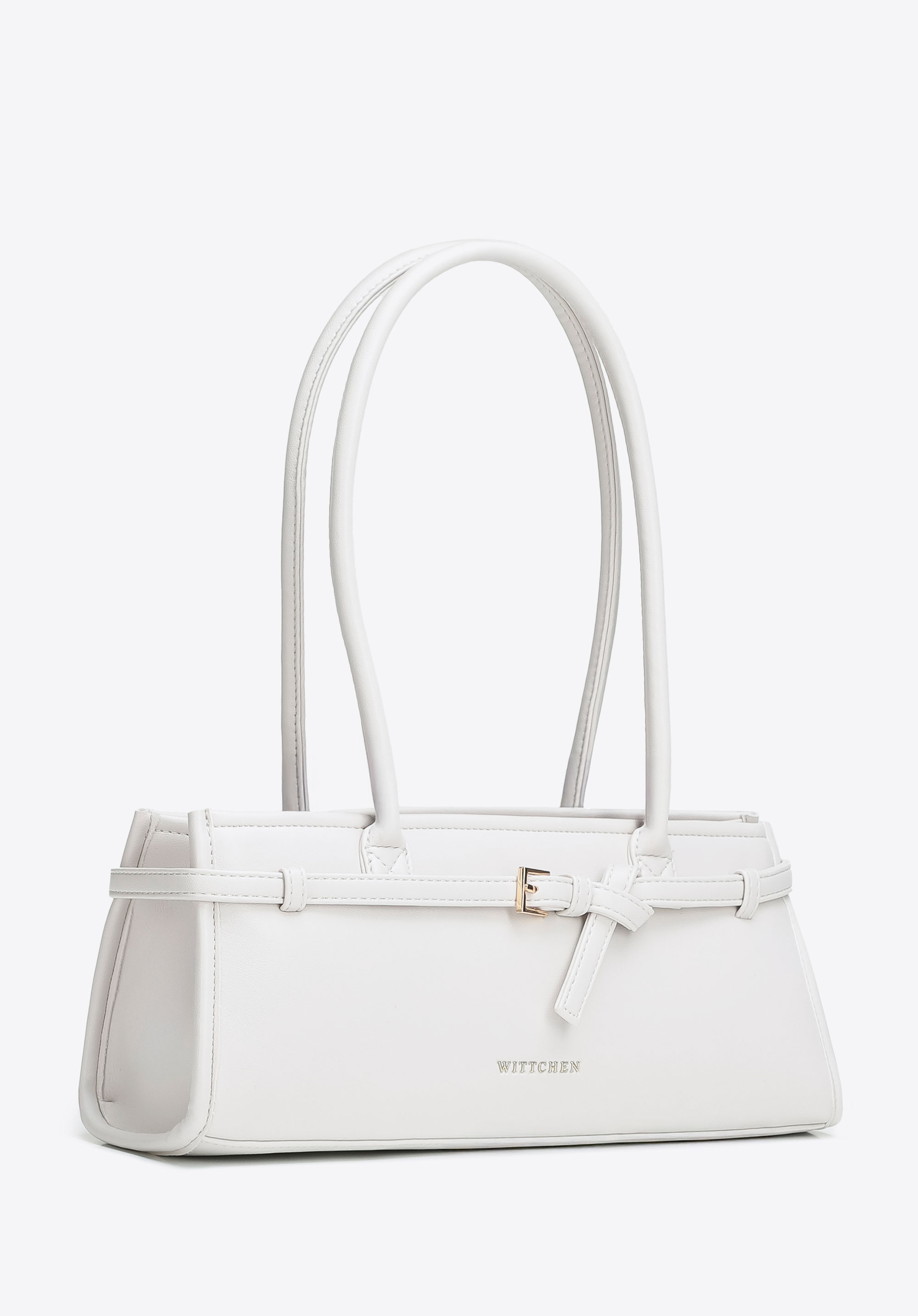 Torebka damska typu bagietka z ekoskóry z dekoracyjnym paskiem, złamany biały, 102-4Y-414-0, Zdjęcie 1