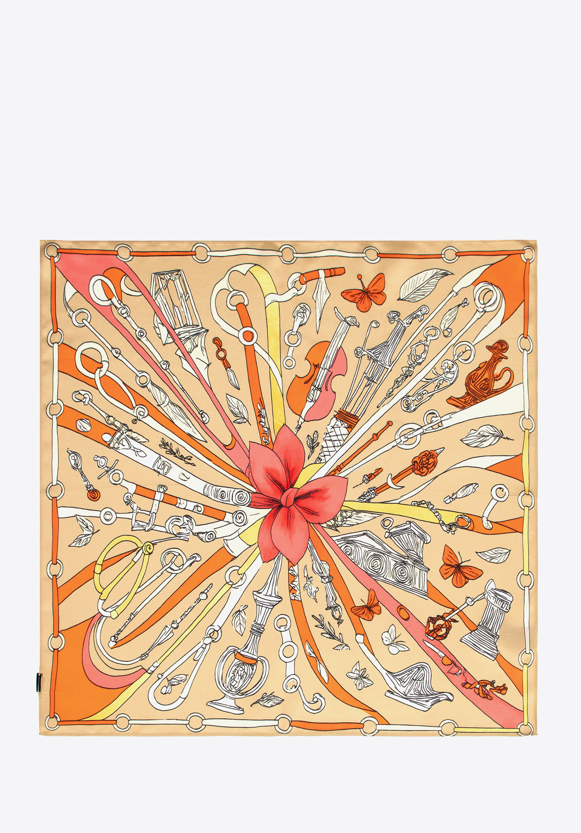 Damska apaszka z jedwabiu z dekoracyjnym motywem, beżowo-pomarańczowy, 103-7D-S01-X11, Zdjęcie 1