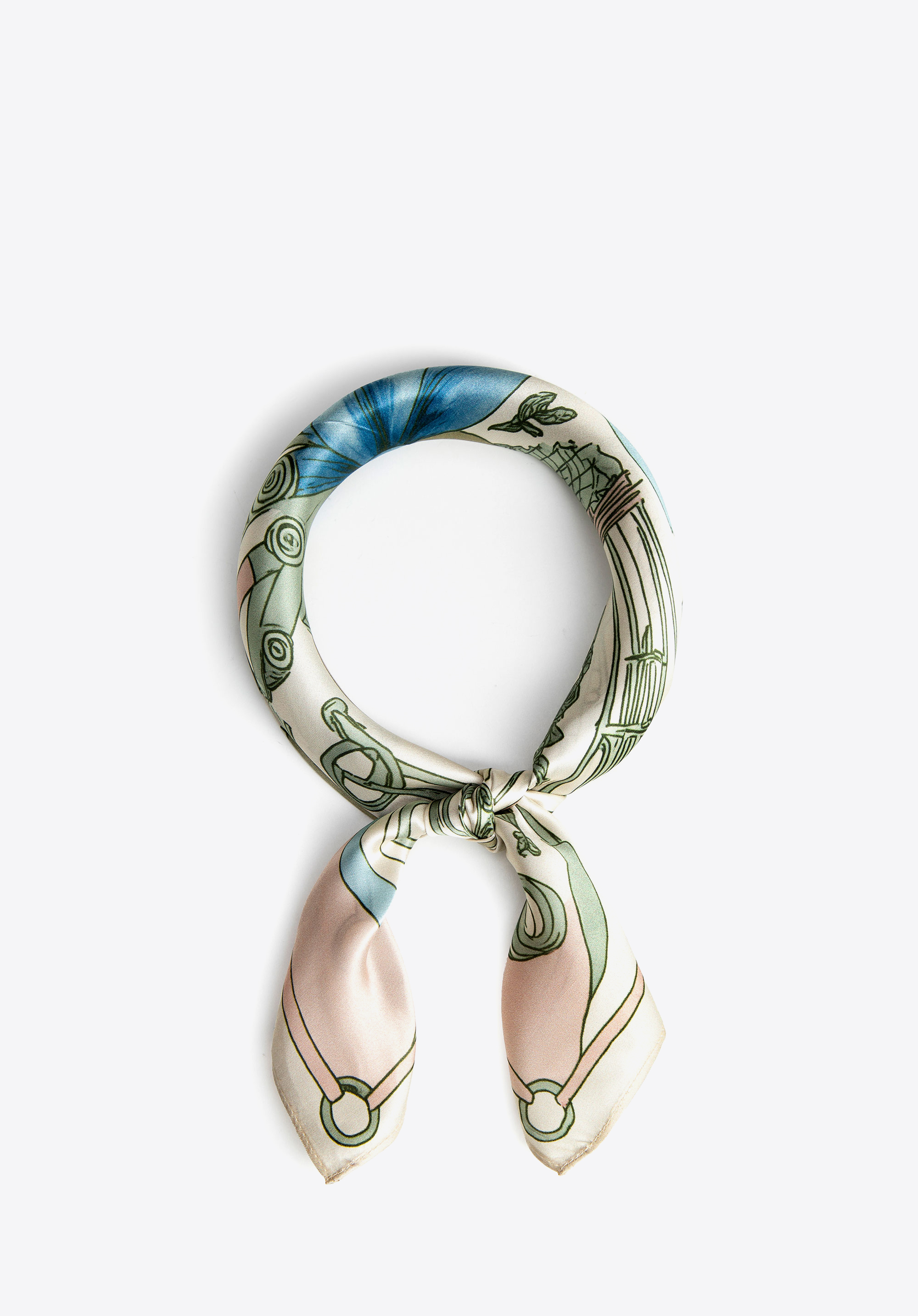 Damska apaszka z jedwabiu z dekoracyjnym motywem, beżowo-niebieski, 103-7D-S01-X10, Zdjęcie 1