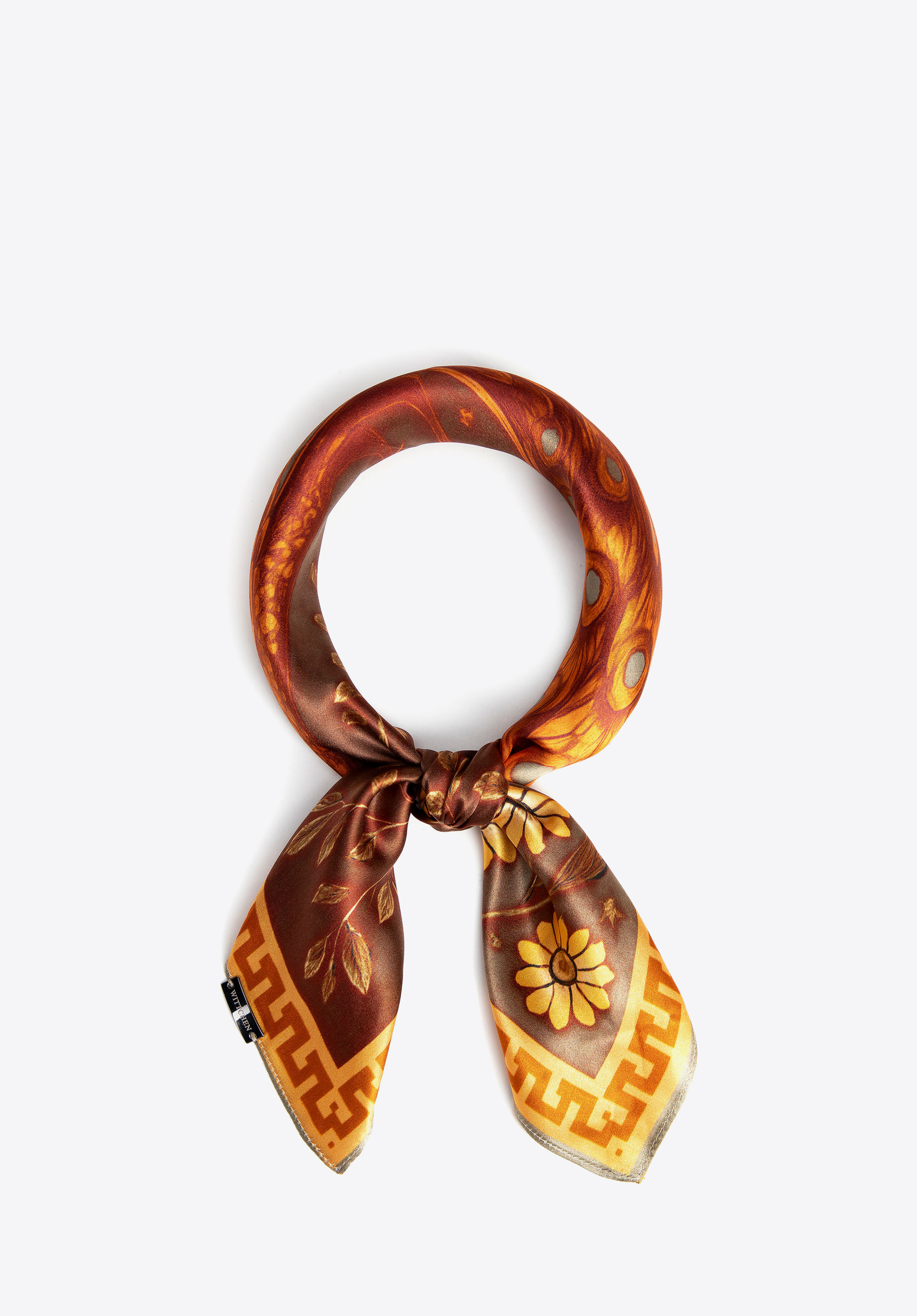 Damska apaszka z jedwabiu z dekoracyjnym motywem natury, brązowo-pomarańczowy, 103-7D-S01-X7, Zdjęcie 1