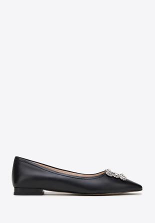 Black leather ballerina shoes with crystal buckle